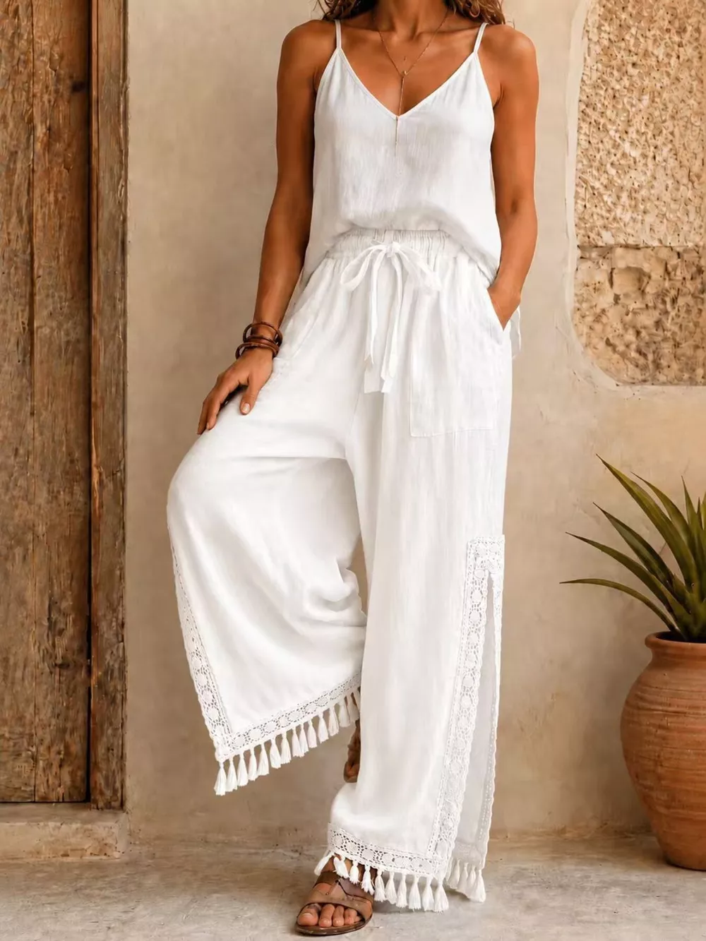 Lace Detail Slit Wide Leg Pants, image 4