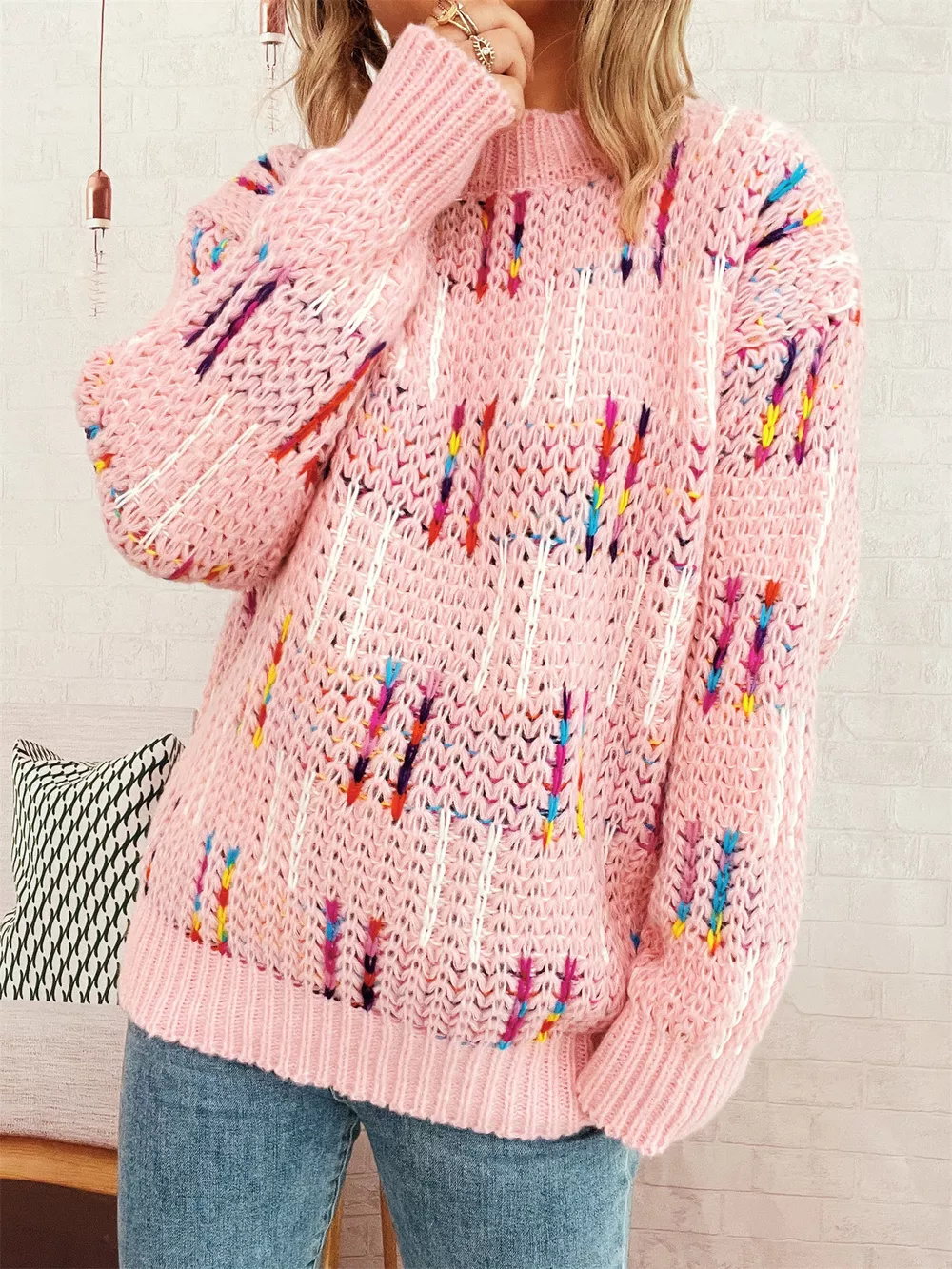 Colorful Round Neck Long Sleeve Sweater, image 22