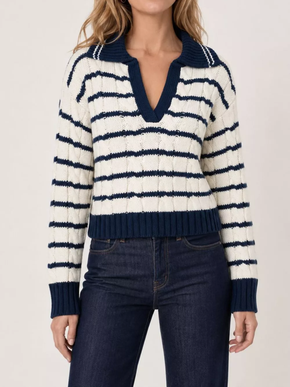 Striped Johnny Collar Dropped Shoulder Sweater, image 3