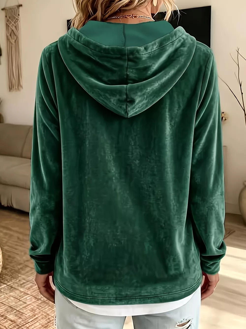 Full Size Drawstring Velvet Long Sleeve Hoodie Plus Size, image 8