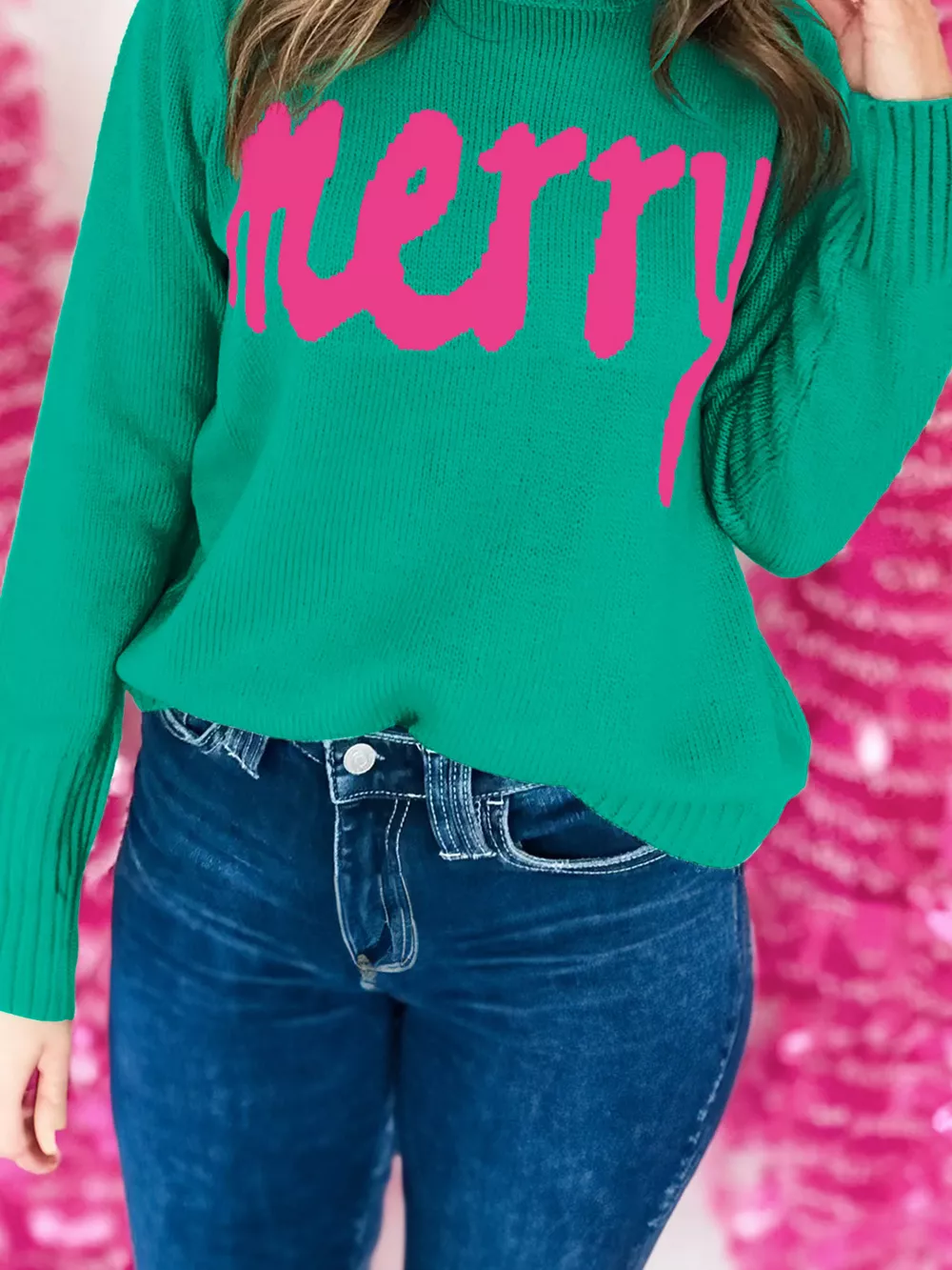 Merry Print Ribbed Trim Round Neck Loose Fit Sweater, image 15