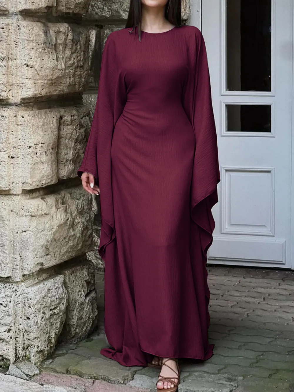 Round Neck Maxi Dress with Flowing Cape Sleeves, image 10
