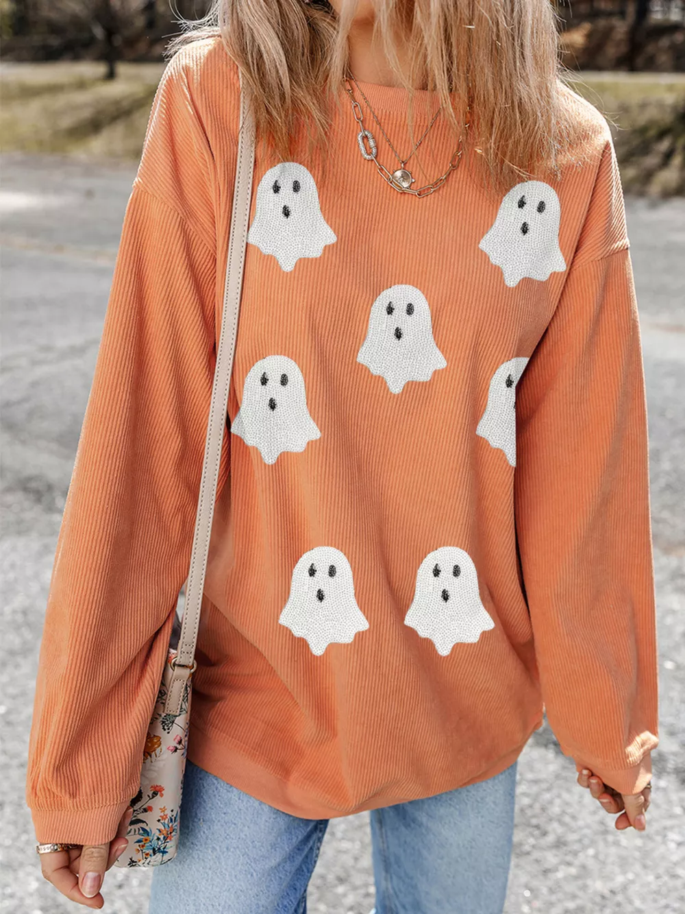 Halloween Ghost Sequin Patched Twisted Ribbed Texture Sweatshirt, image 3