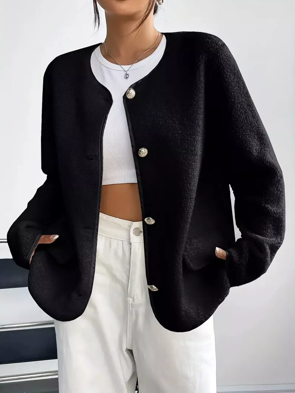 Full Size Textured Button-Up Fleece Outerwear Plus Size, image 8
