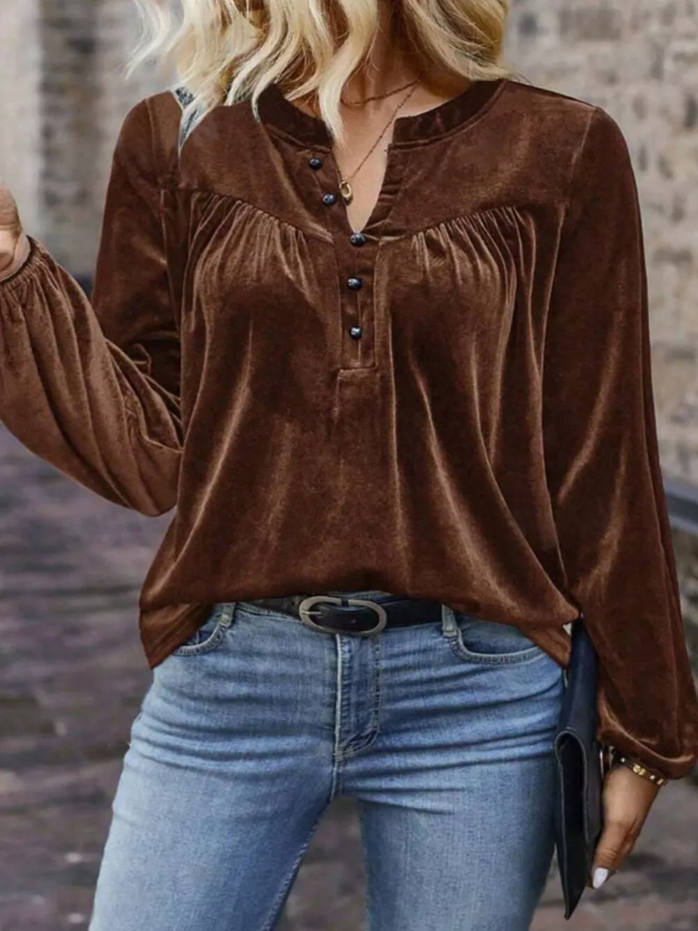 Velvet Notched Long Sleeve Blouse, image 9