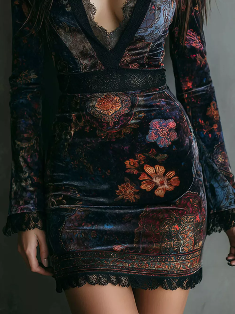 Lace Detail Floral Velvet Mini Dress, image 4