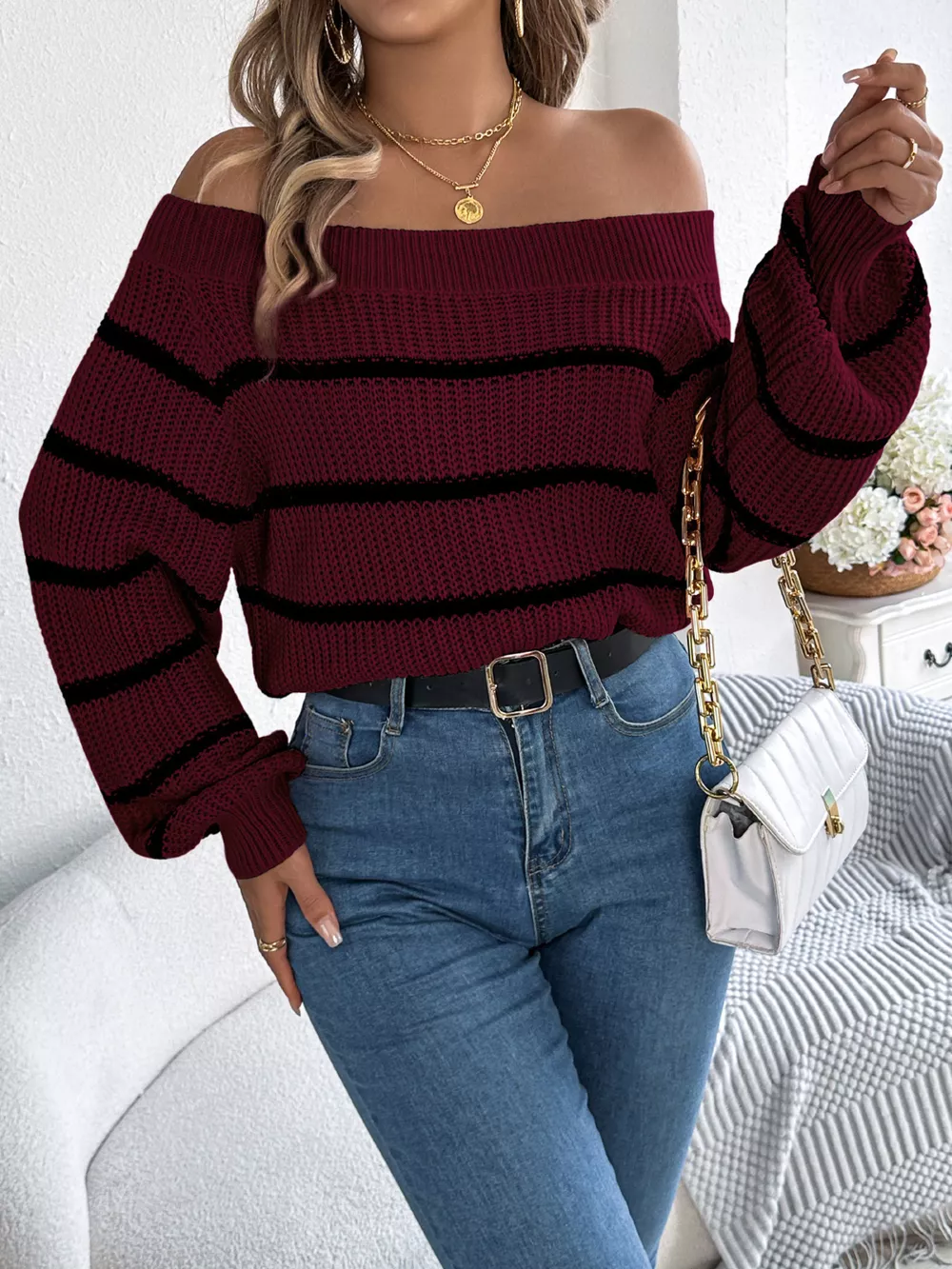 Off-Shoulder Striped Contrast Sweater, image 14