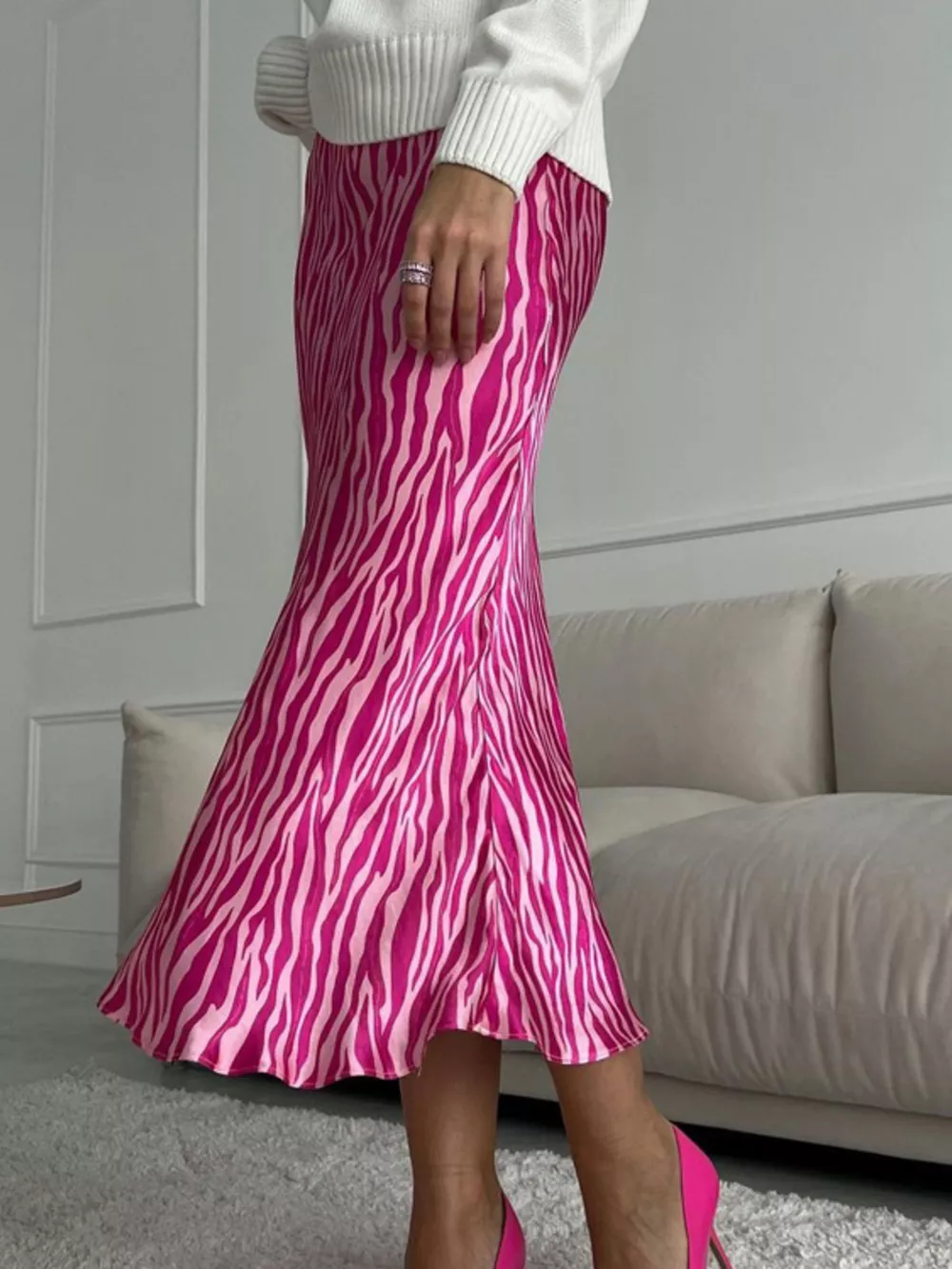 Satin Zebra Print Midi Skirt, image 5