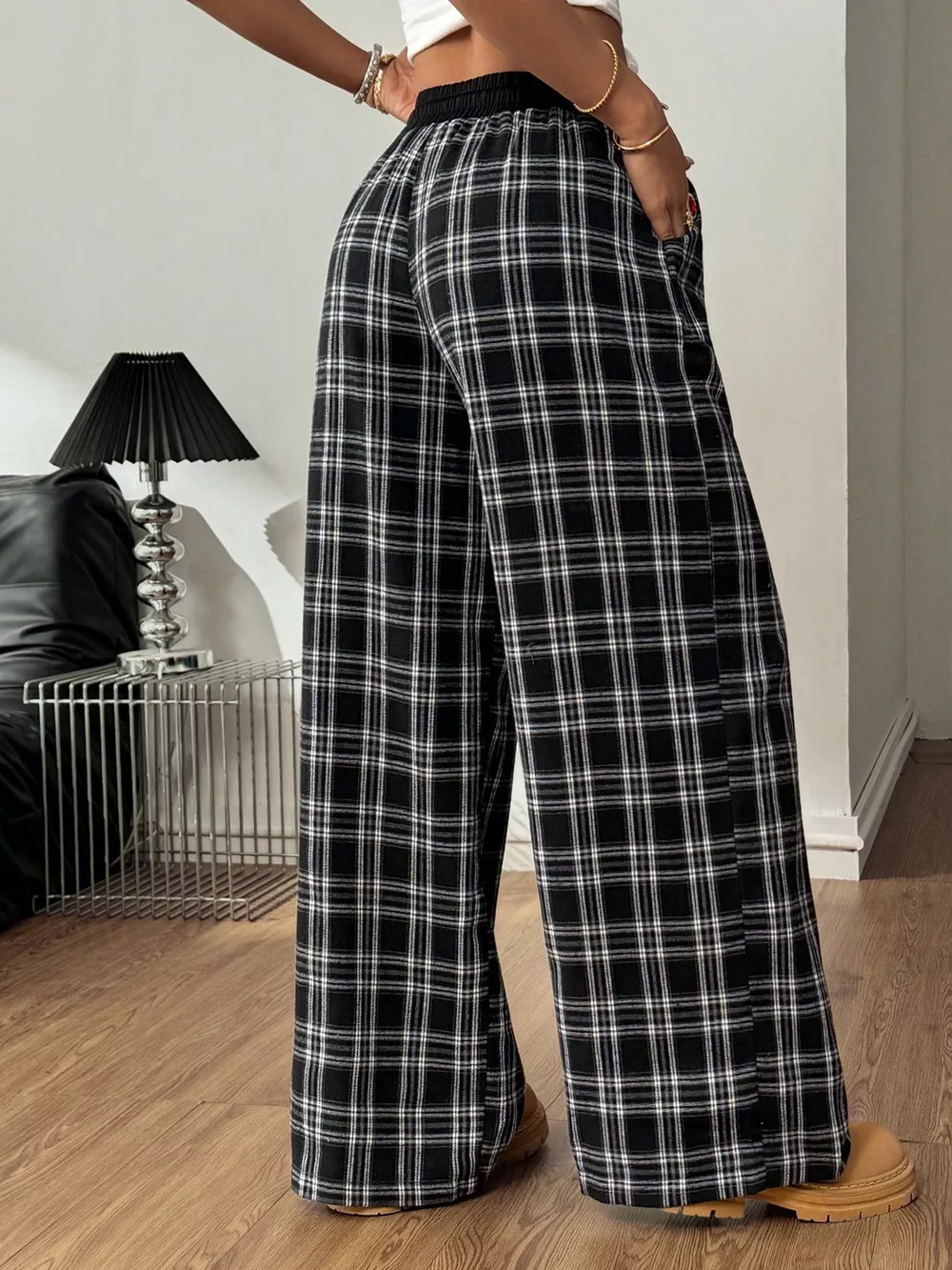 Plaid Wide-Leg Pants with Elastic Waistband, image 14