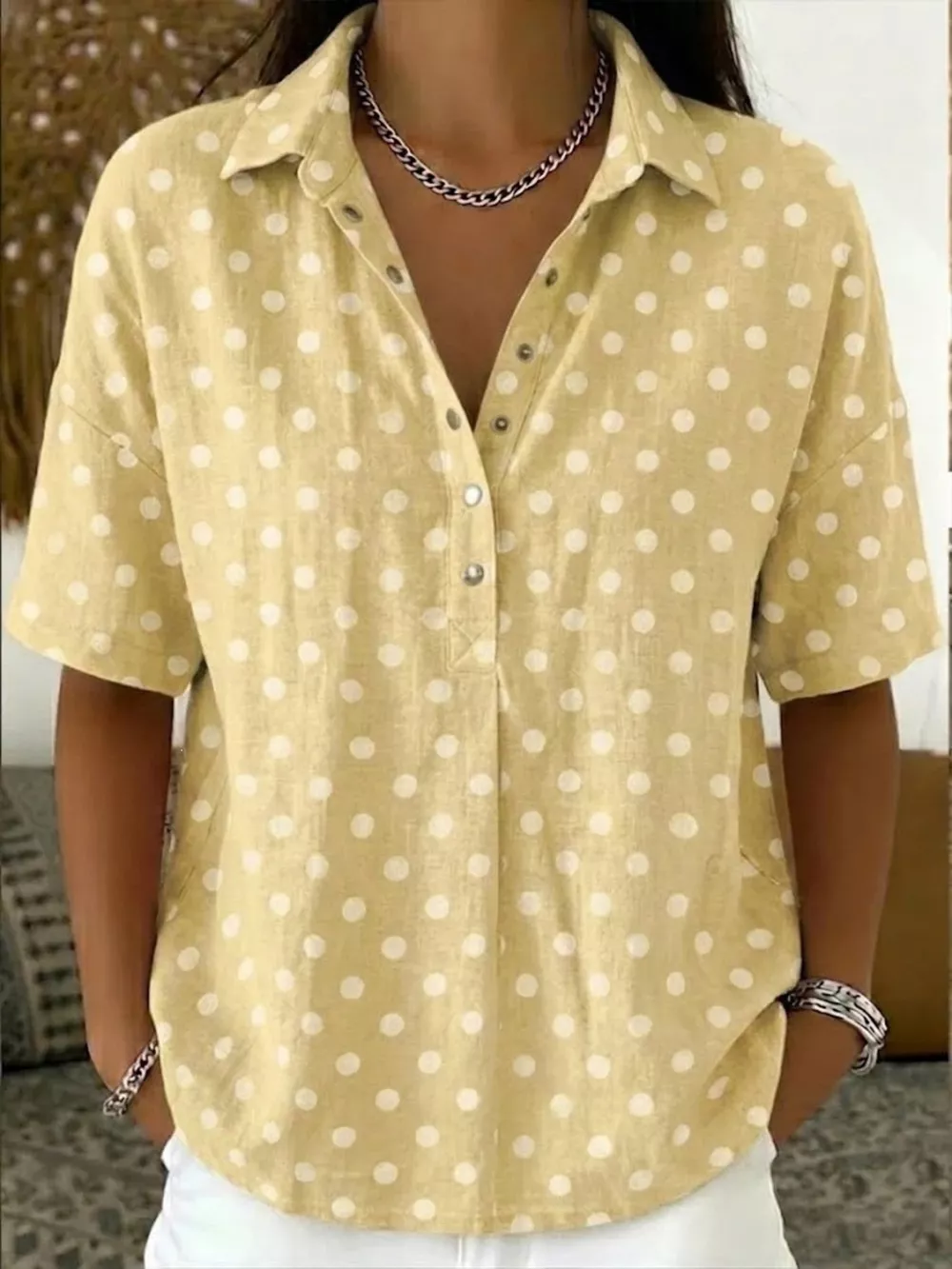 Full Size Polka Dot Short Sleeve Shirt Plus Size, image 12