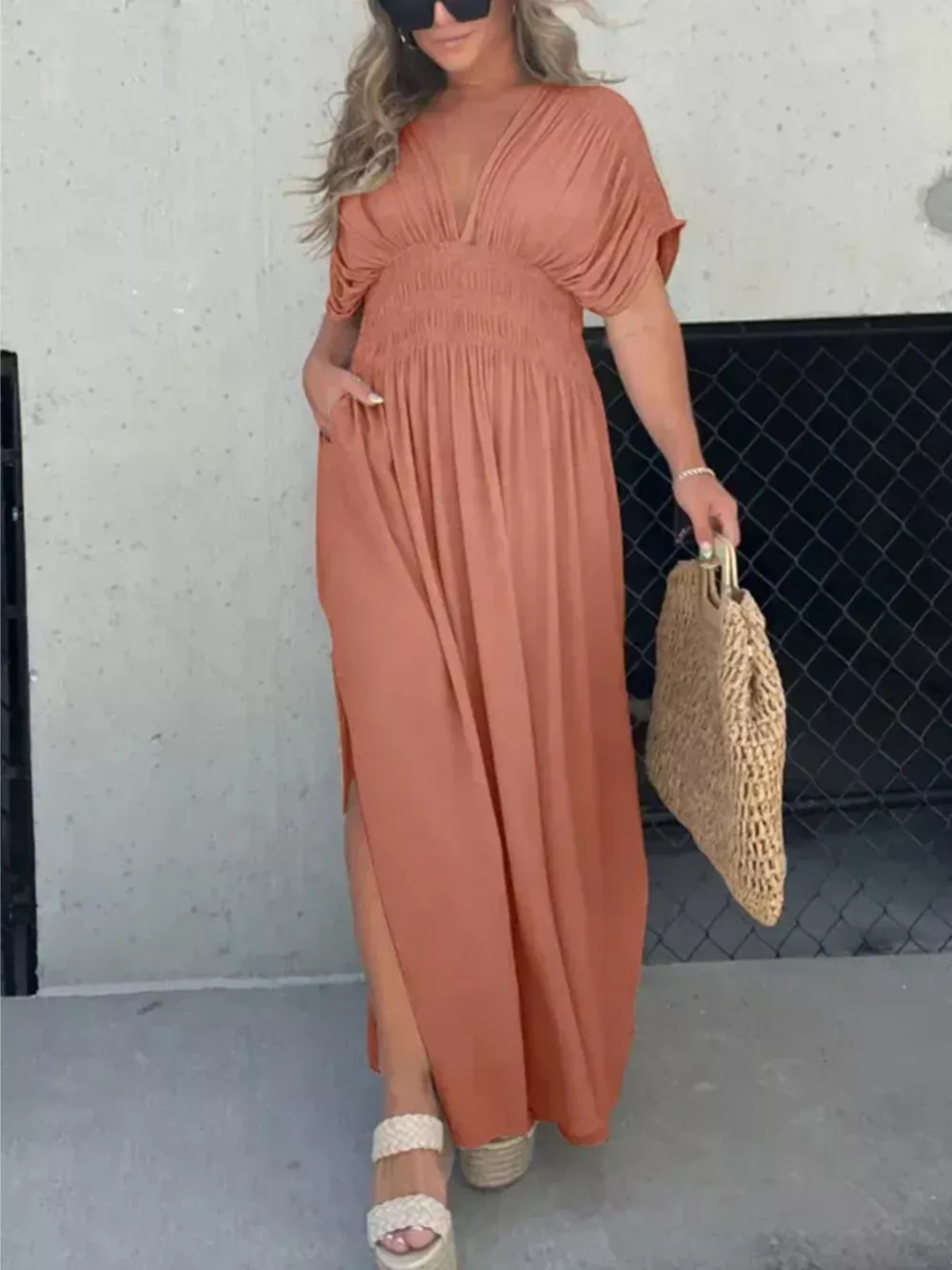 Full Size Slit V-Neck Smocked Waist Maxi Dress Plus Size, image 5