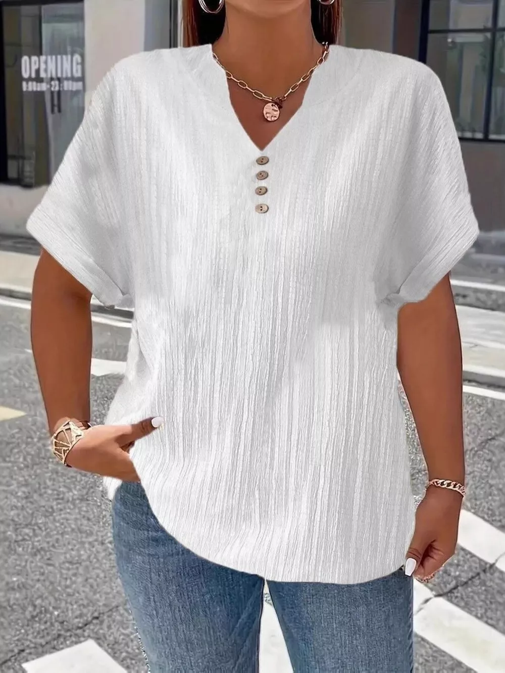 Plus Size Notched Short Sleeve Textured Top, image 2