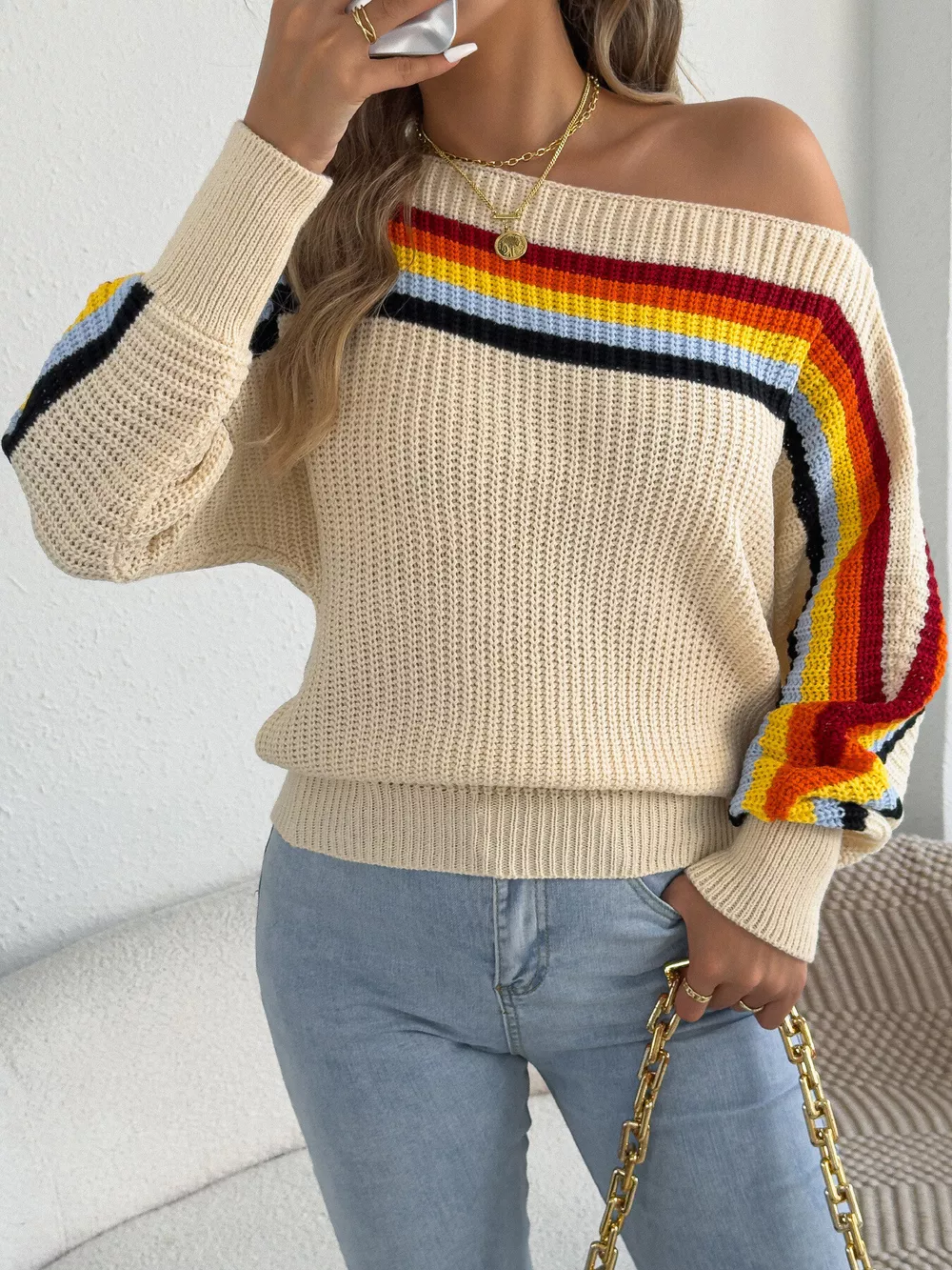 Striped Knit Boat Neck Sweater, image 4