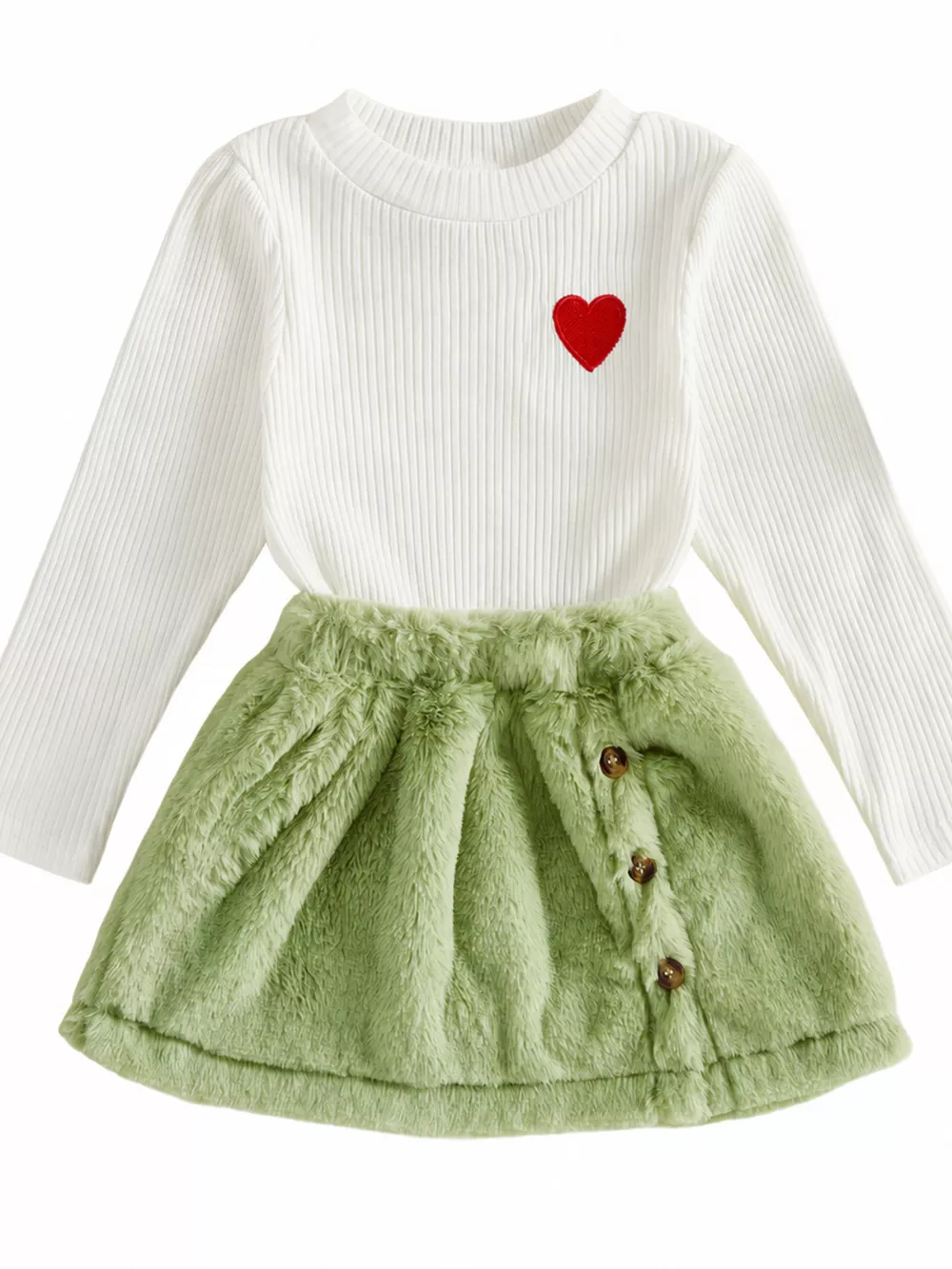 Children's Heart-Embroidered Ribbed Top and Fuzzy Skirt Set, image 3