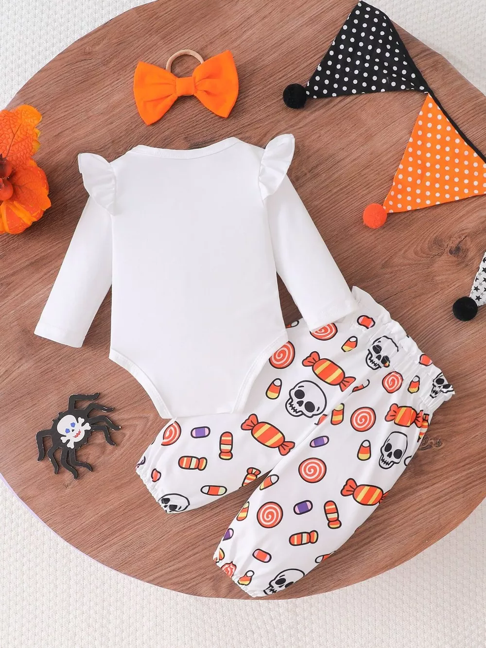 Children's Halloween Skull Print Long Sleeve Bodysuit and Pants Set with Bow Headband, image 7