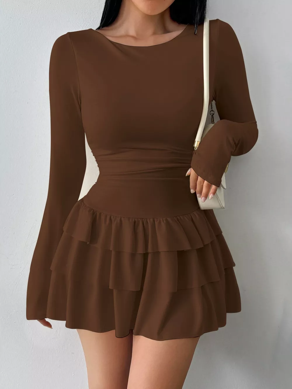 Ruched Long Sleeve Layered Ruffle Mini Dress, image 8