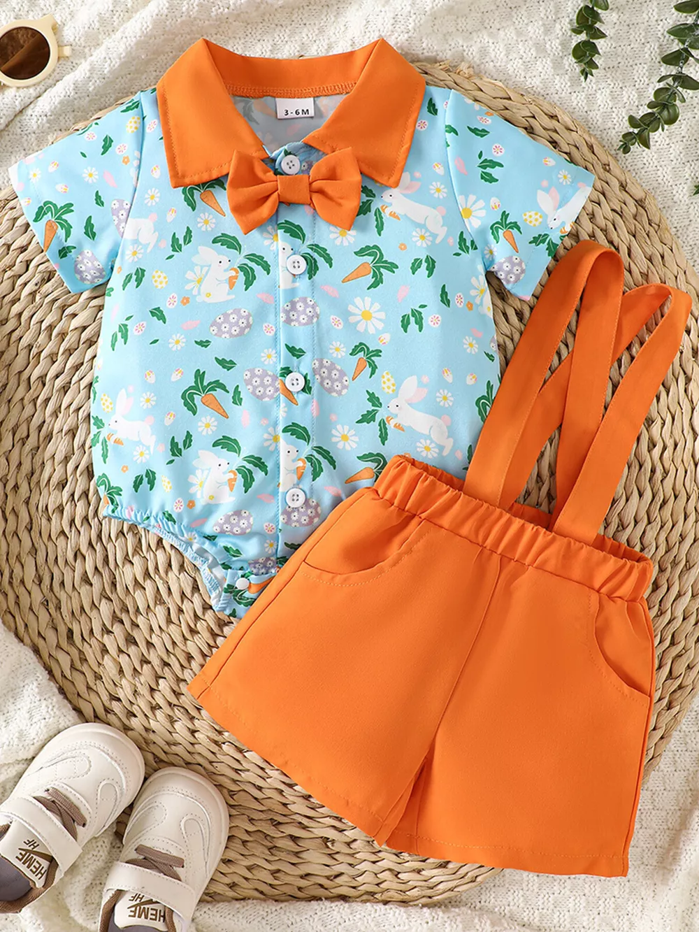 Children's Bunny Print Bodysuit & Suspender Shorts Set, image 2