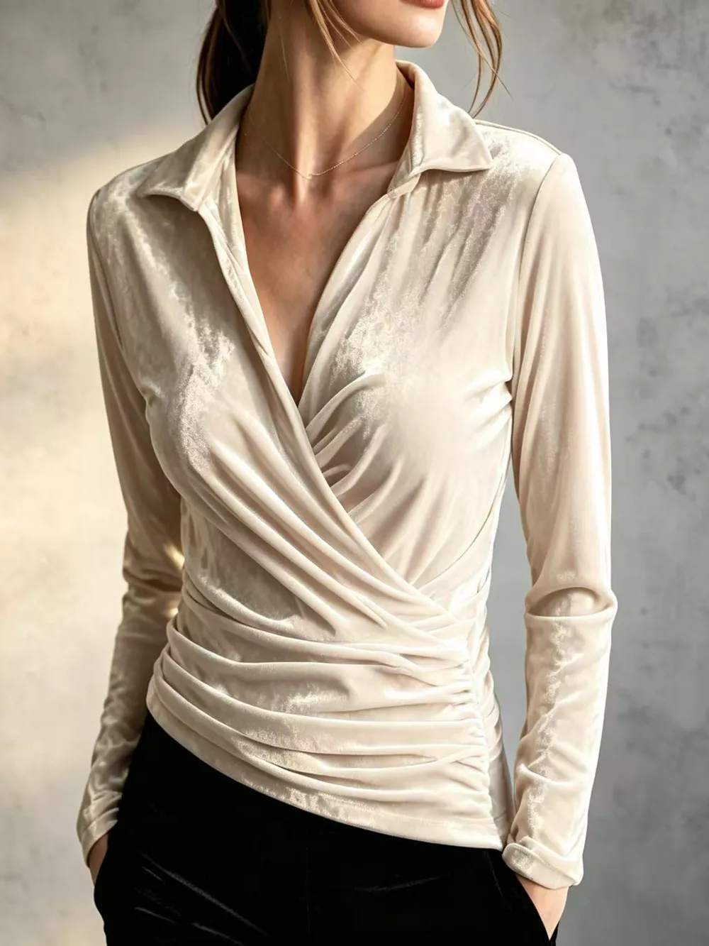 Full Size Velvet Wrap Blouse with Ruched Detail Plus Size, image 4
