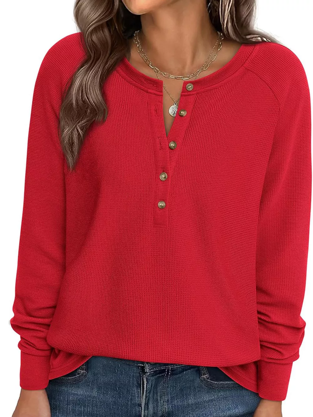 Waffle Knit Henley Long Sleeve T-Shirt, image 16