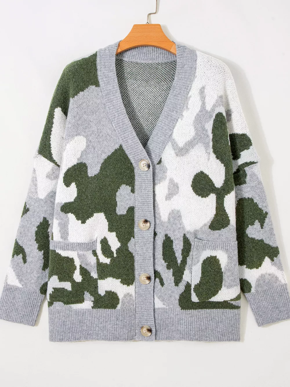 Camouflage Drop Shoulder V Neck Button Front Cardigan, image 3