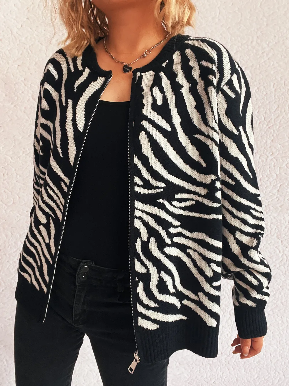 Zebra Print Zip Up Cardigan, image 4