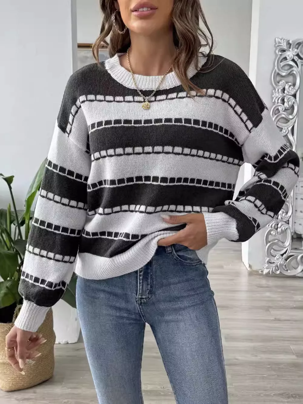 Striped Knit Dropped Shoulder Sweater, image 10