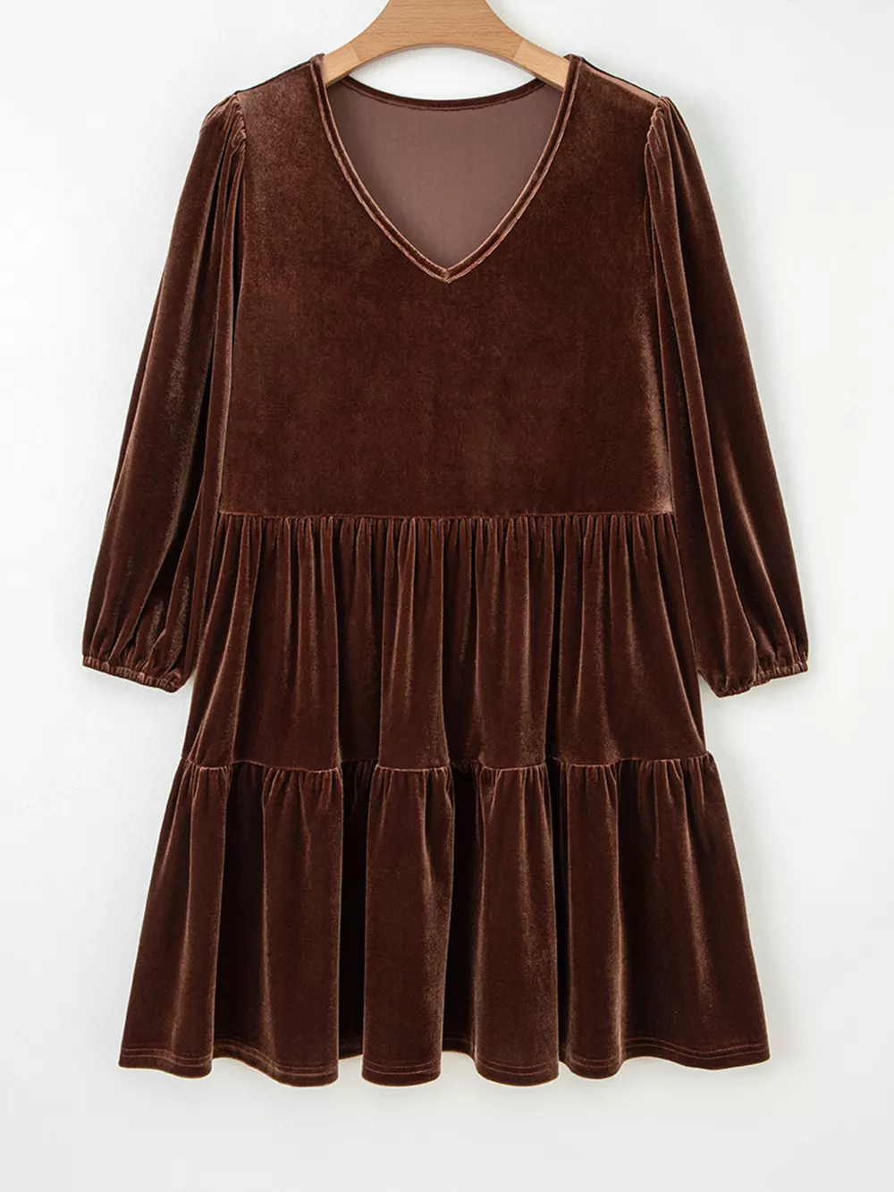 Solid Color Velvet V Neck Long Sleeve Tiered Mini Dress, image 6