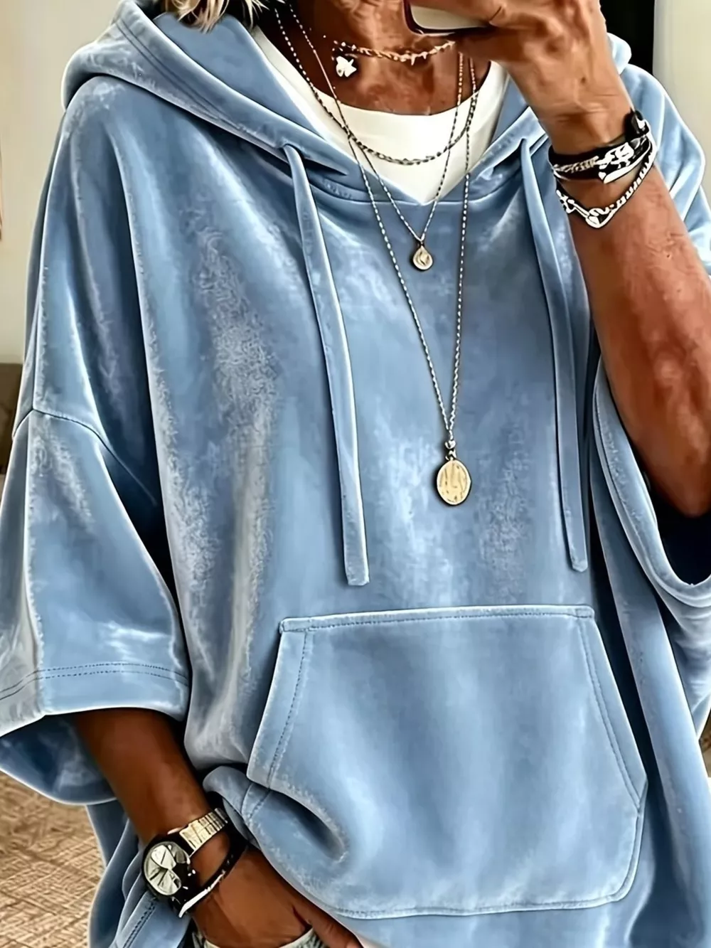 Full Size Velvet 3/4 Sleeve Hoodie with Kangaroo Pocket Plus Size, image 5