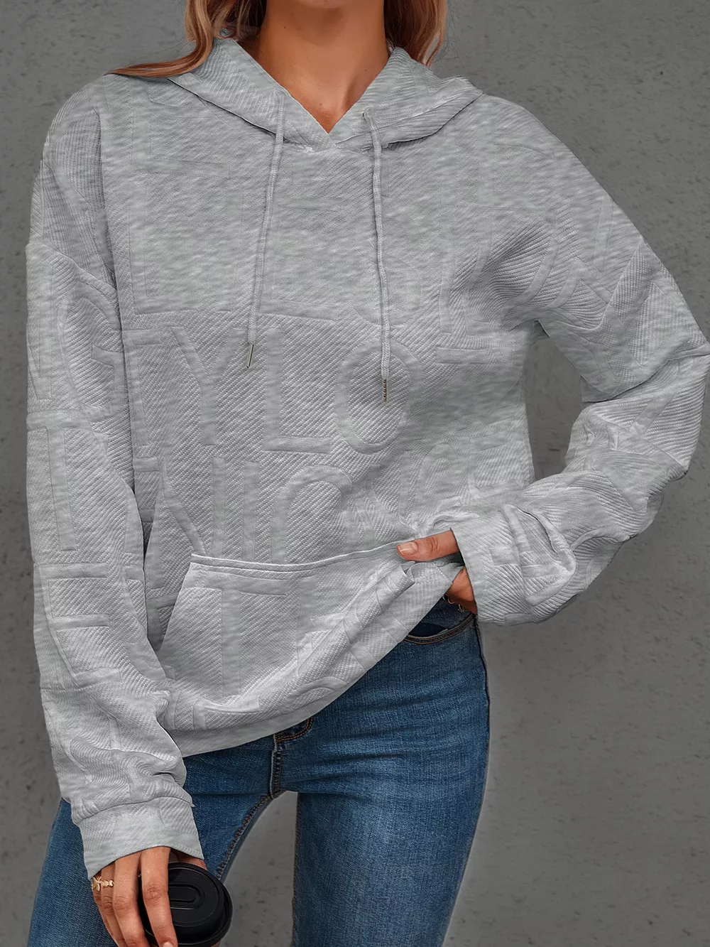 Full Size Textured Embossed Long Sleeve Hoodie Plus Size, image 11