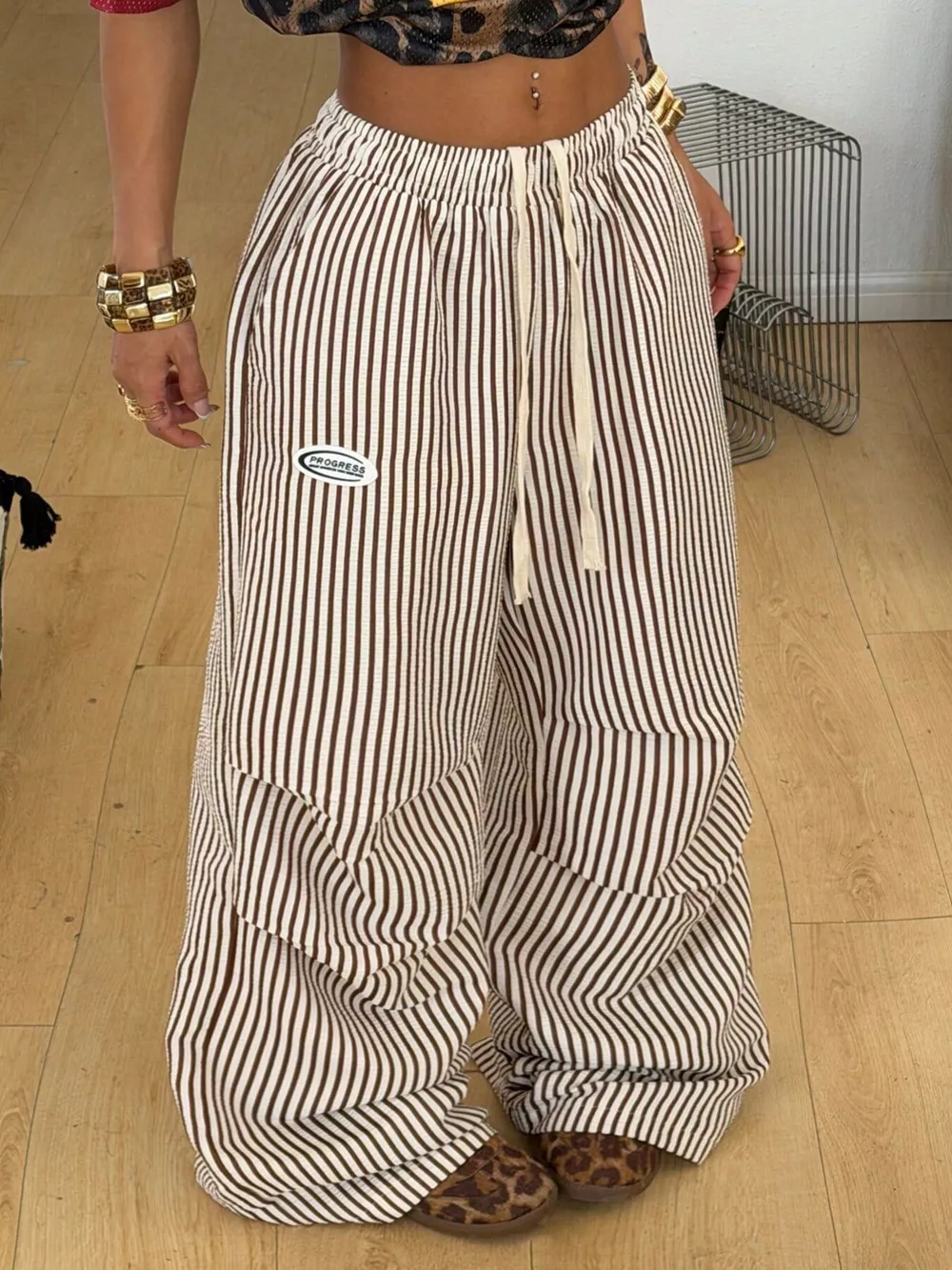 High-Waisted Striped Wide-Leg Cargo Pants with Drawstring, image 2