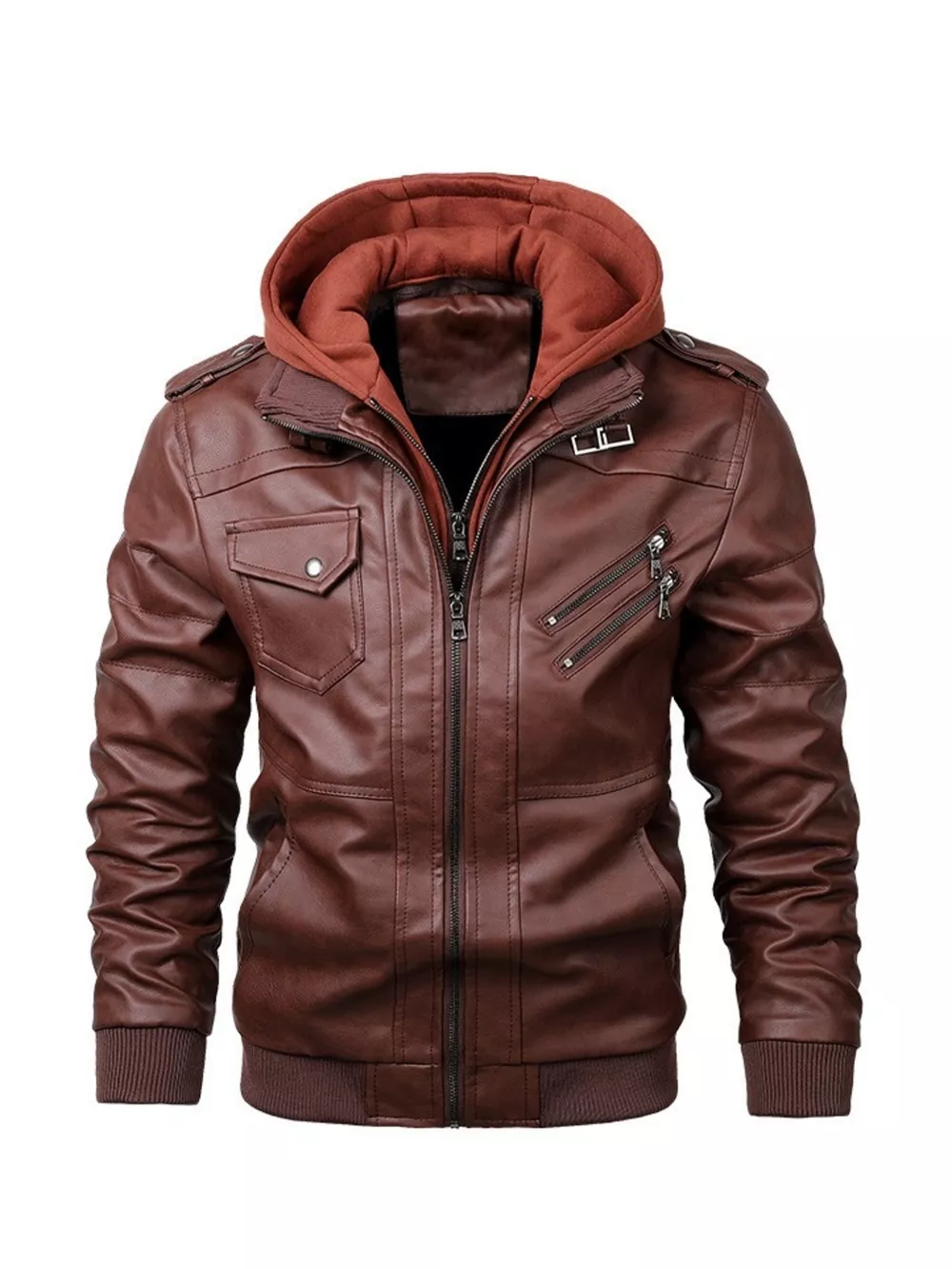 Men's Full Size Hooded Faux Leather Moto Jacket Plus Size, image 3