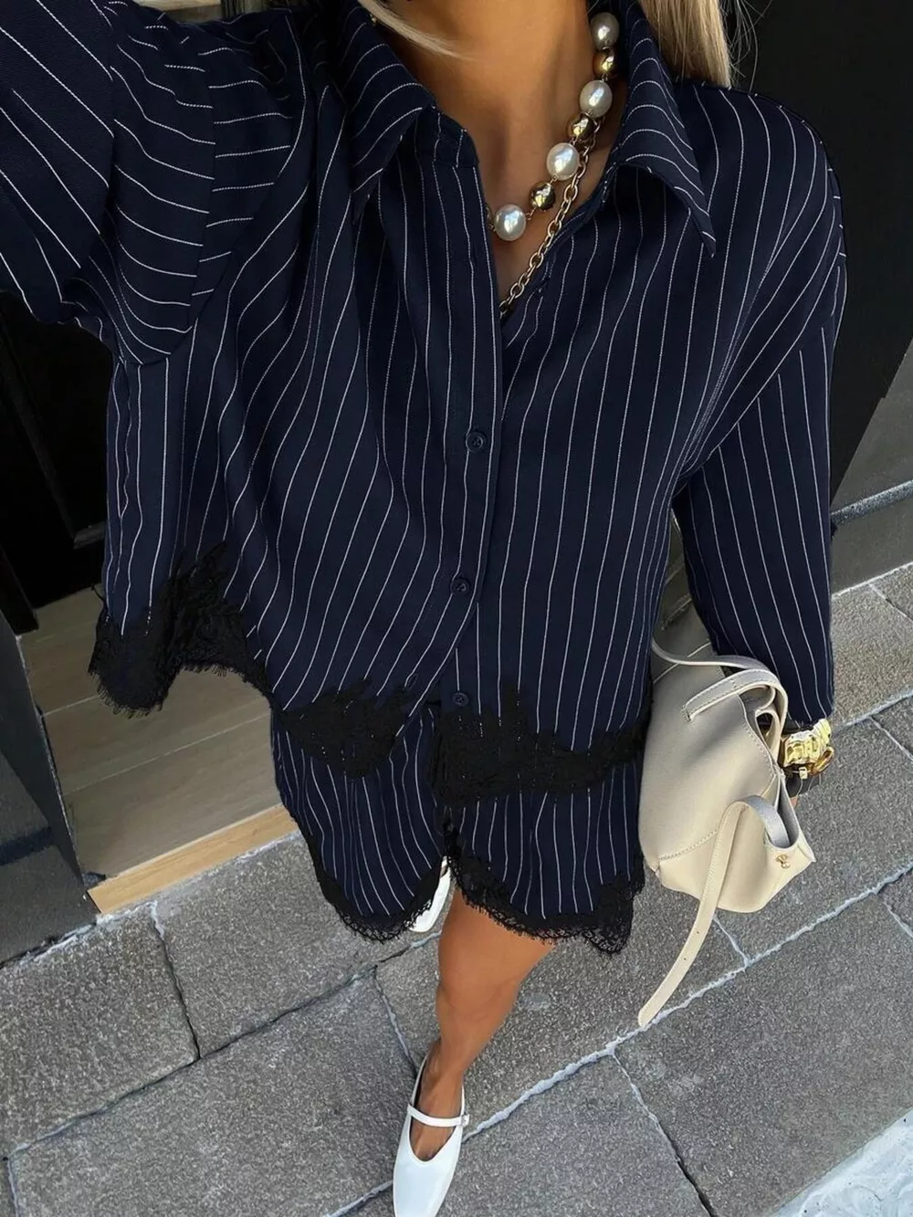 Lace Trim Striped Button-Down Shirt and Shorts Set, image 9