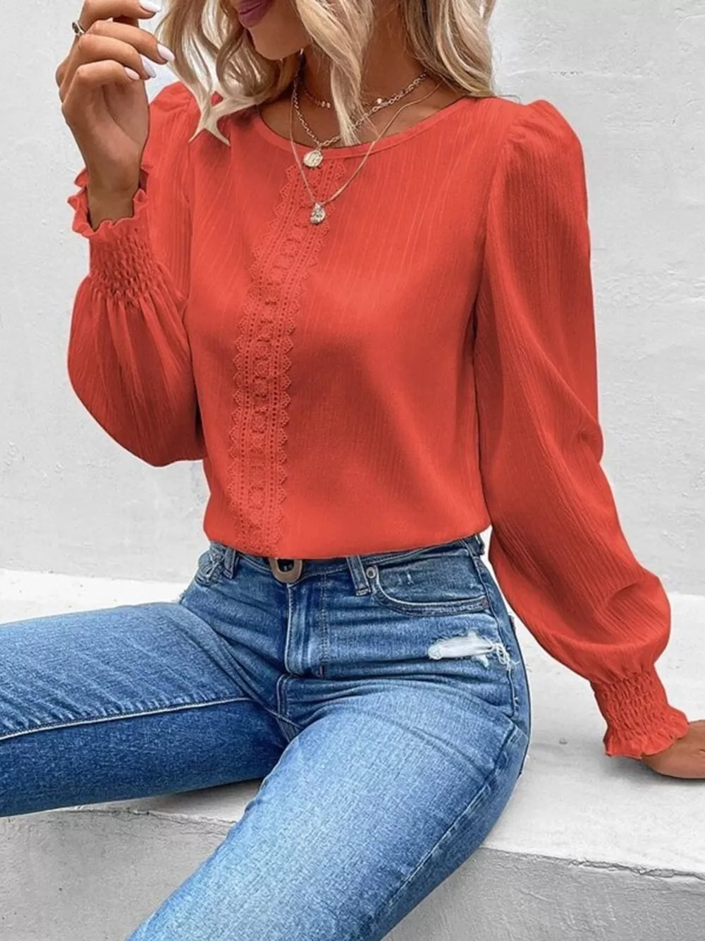 Lace Trim Long Sleeve Blouse, image 13