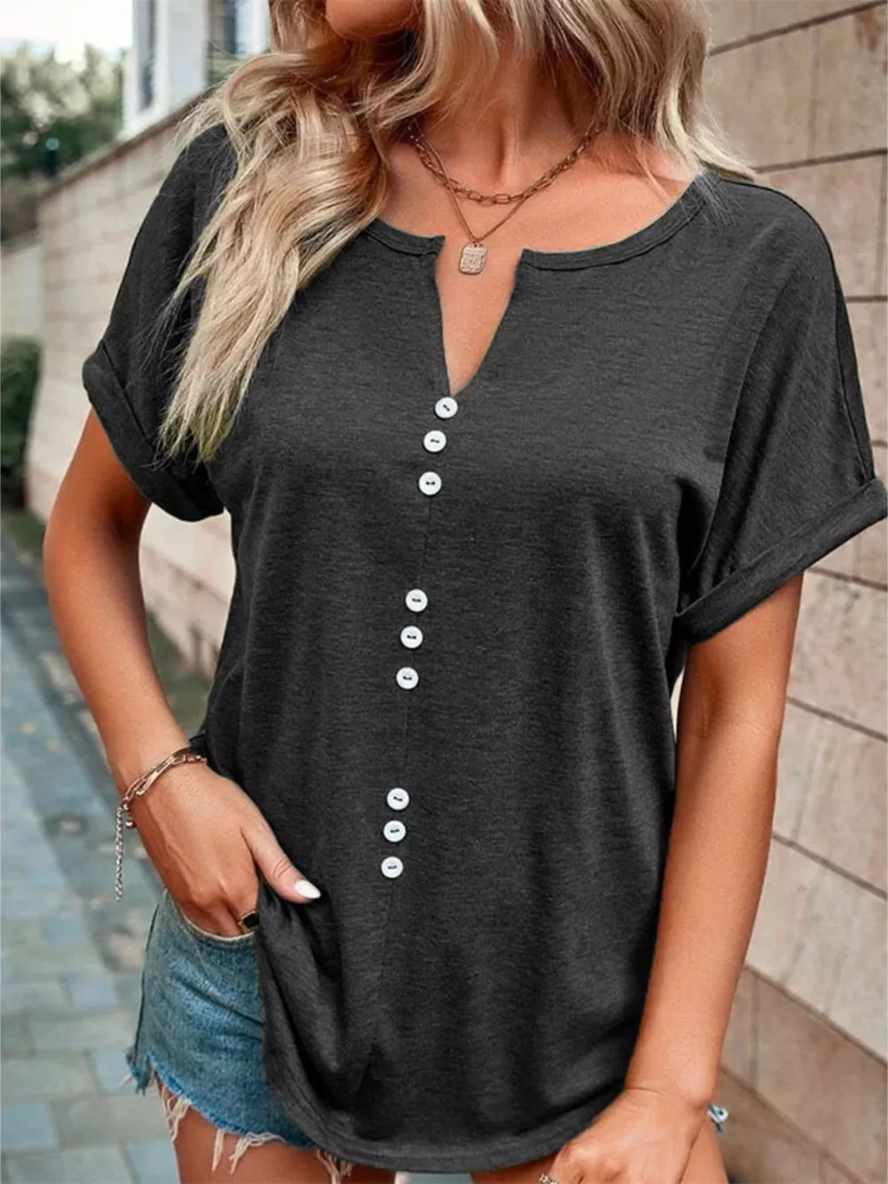 Full Size Decor Button Short Sleeve T-Shirt Plus Size, image 22