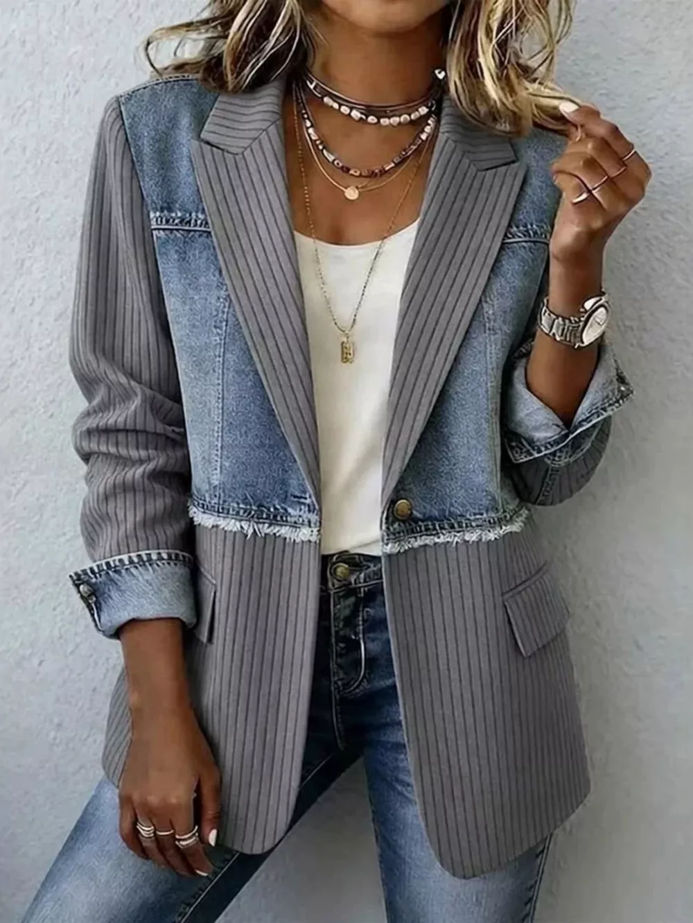Full Size Patchwork Denim Ribbed Blazer Plus Size, image 11