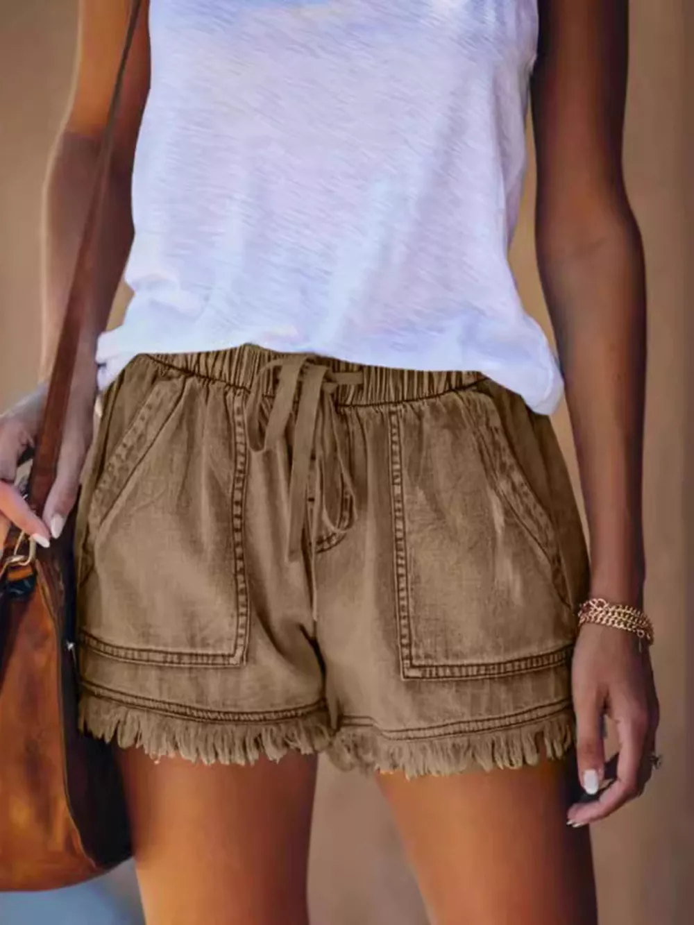 Full Size Drawstring Frayed Hem Denim Shorts Plus Size, image 12