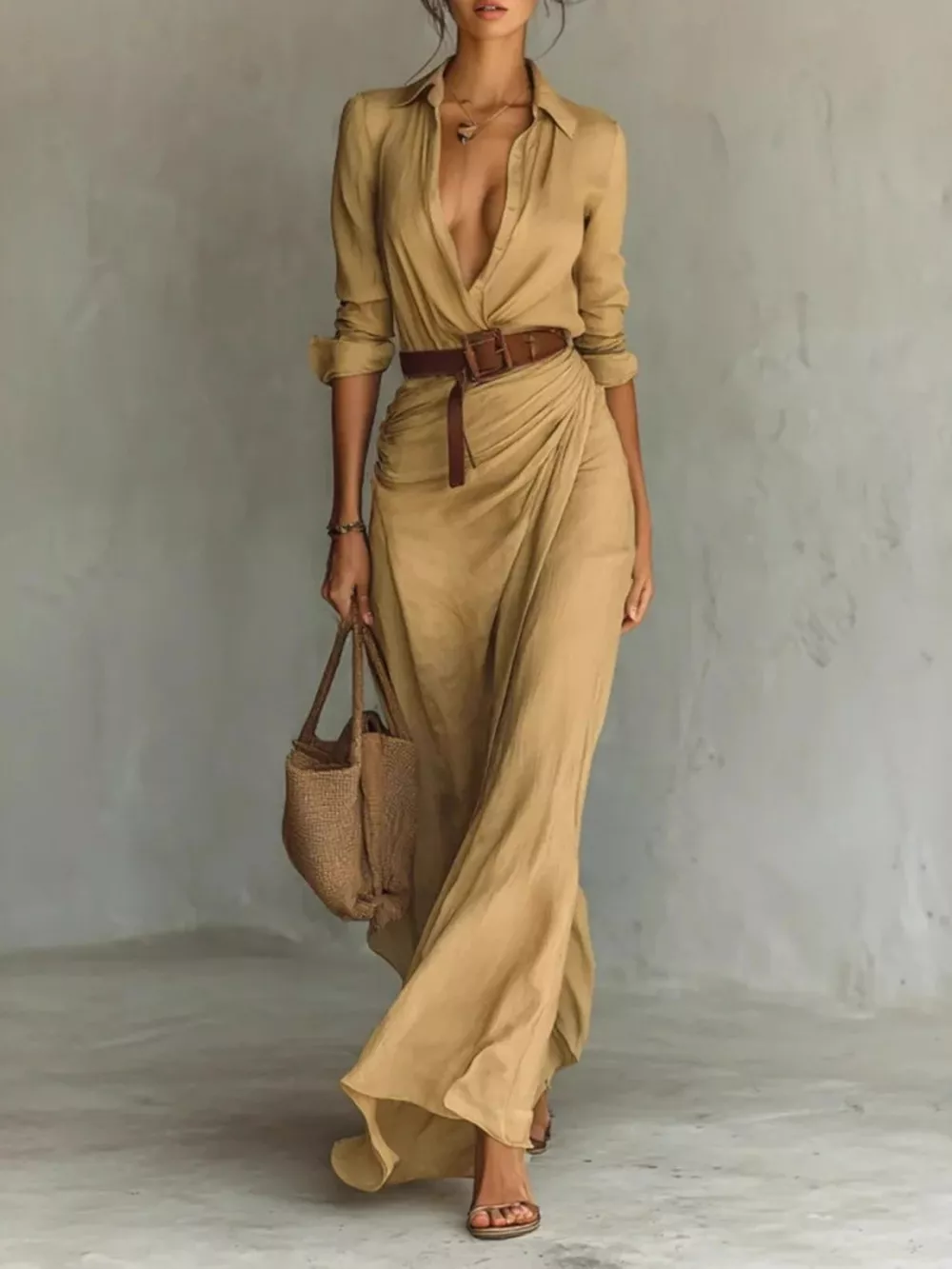 Full Size Elegant V-Neck Ruched Maxi Dress with Belt Plus Size