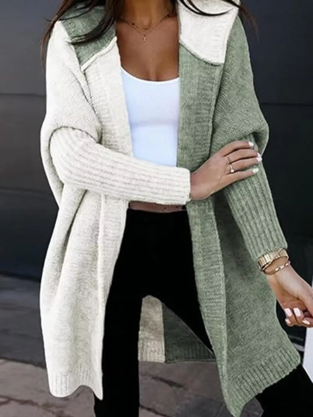 Two-Tone Open Front Knit Hooded Cardigan, image 7