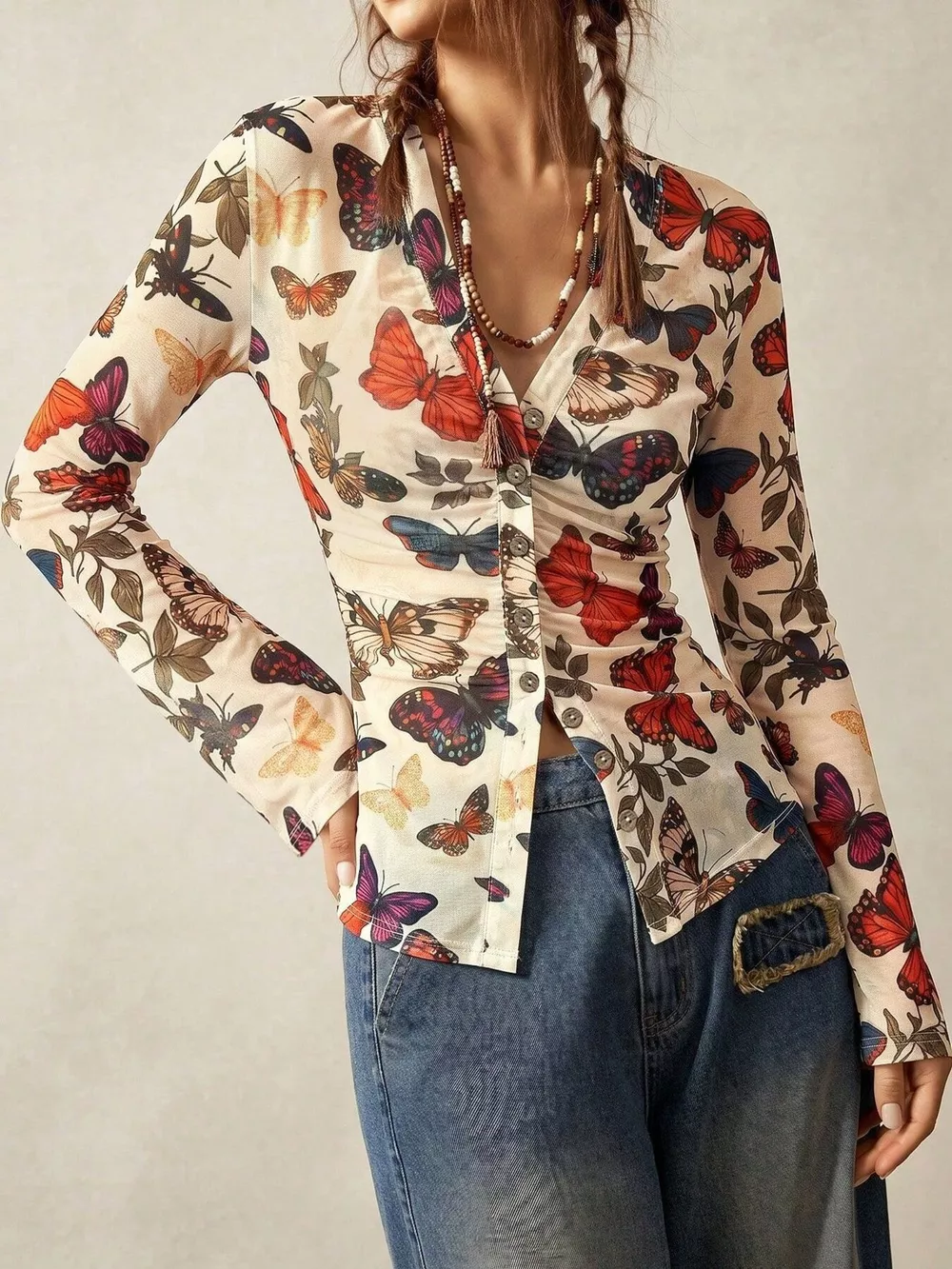Butterfly Print V-Neck Button-Down Long Sleeve Shirt, image 2