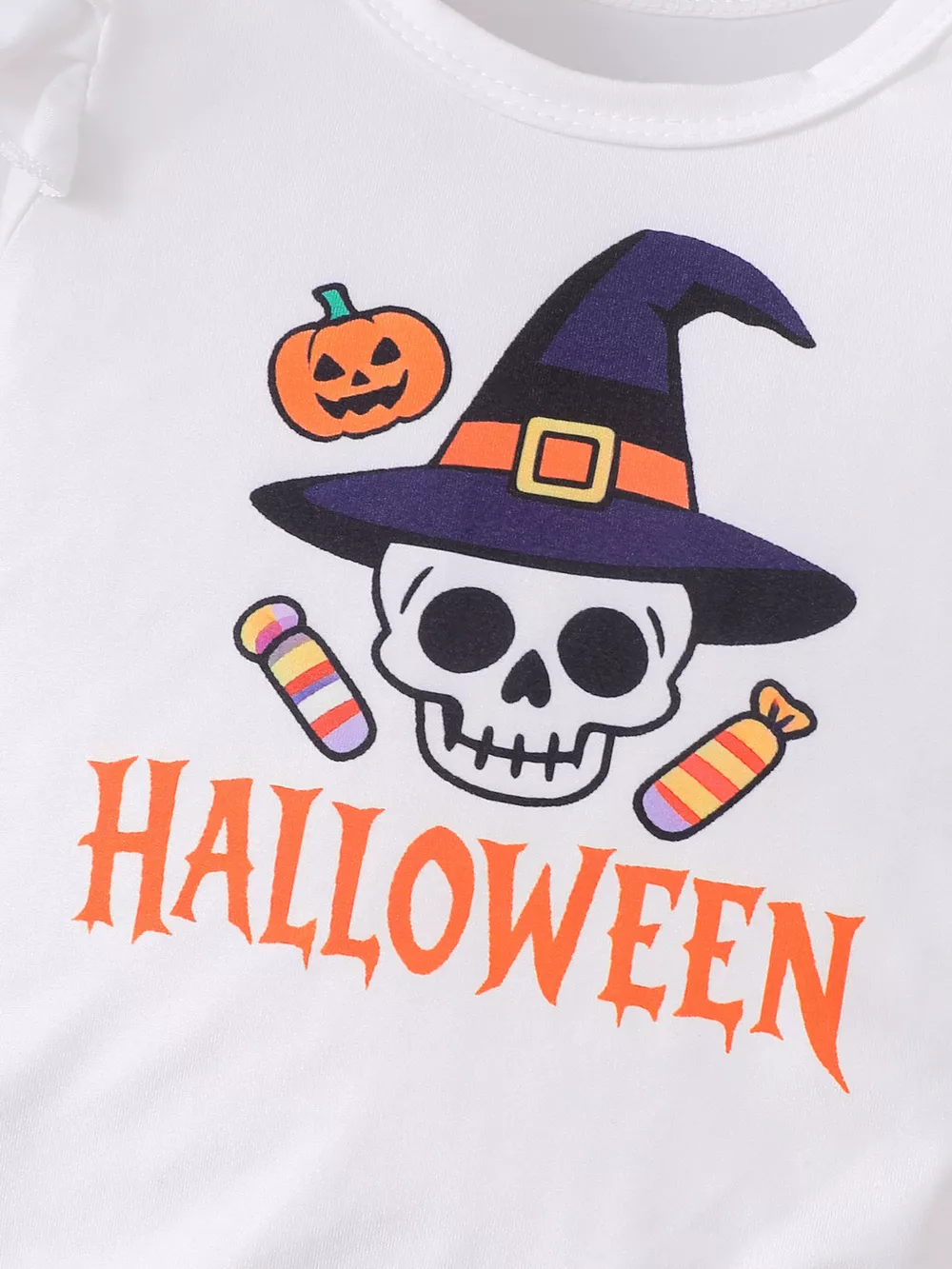 Children's Halloween Skull Print Long Sleeve Bodysuit and Pants Set with Bow Headband, image 4