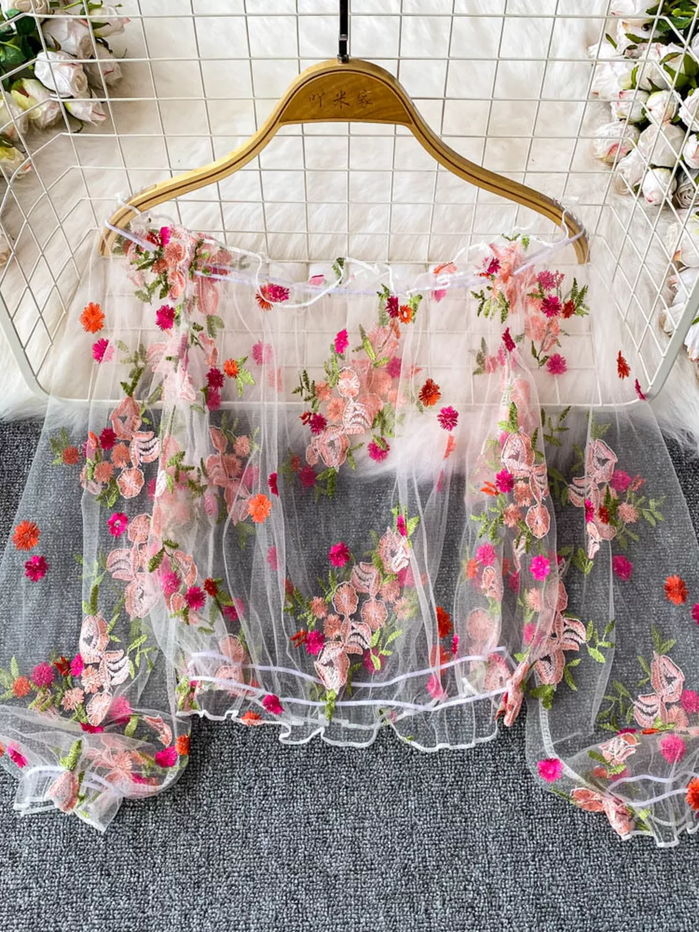Floral Embroidered Mesh Off-Shoulder Top, image 5