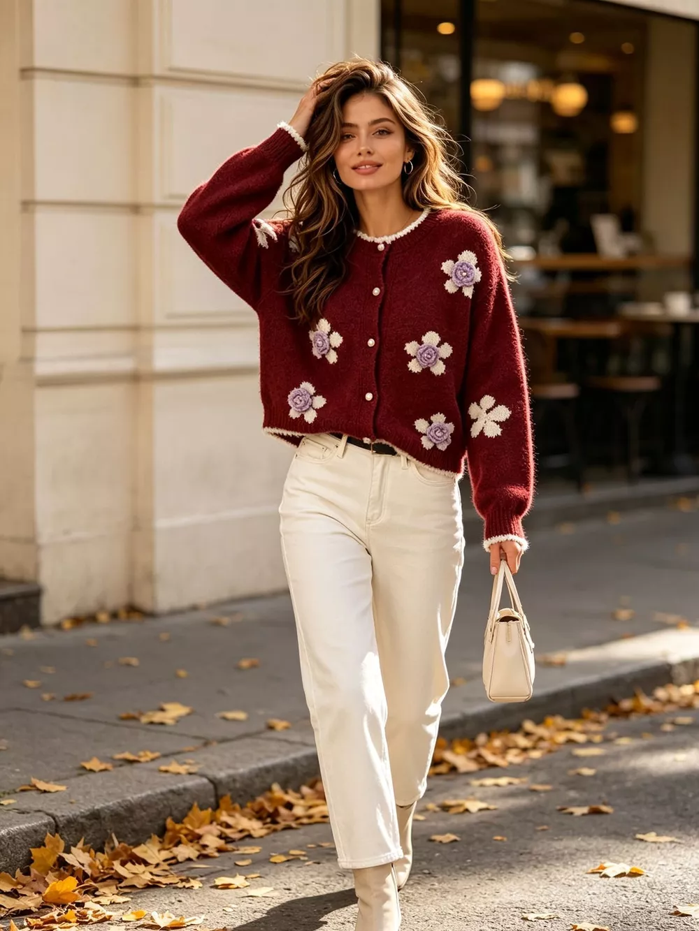 Floral Applique Button-Down Knit Cardigan, image 25