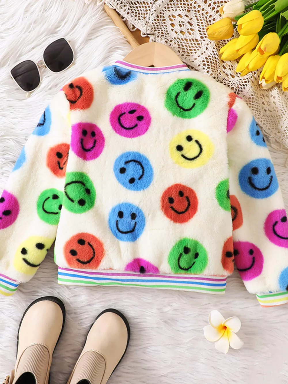 Children's Cheerful Smiley Face Print Plush Jacket, image 2