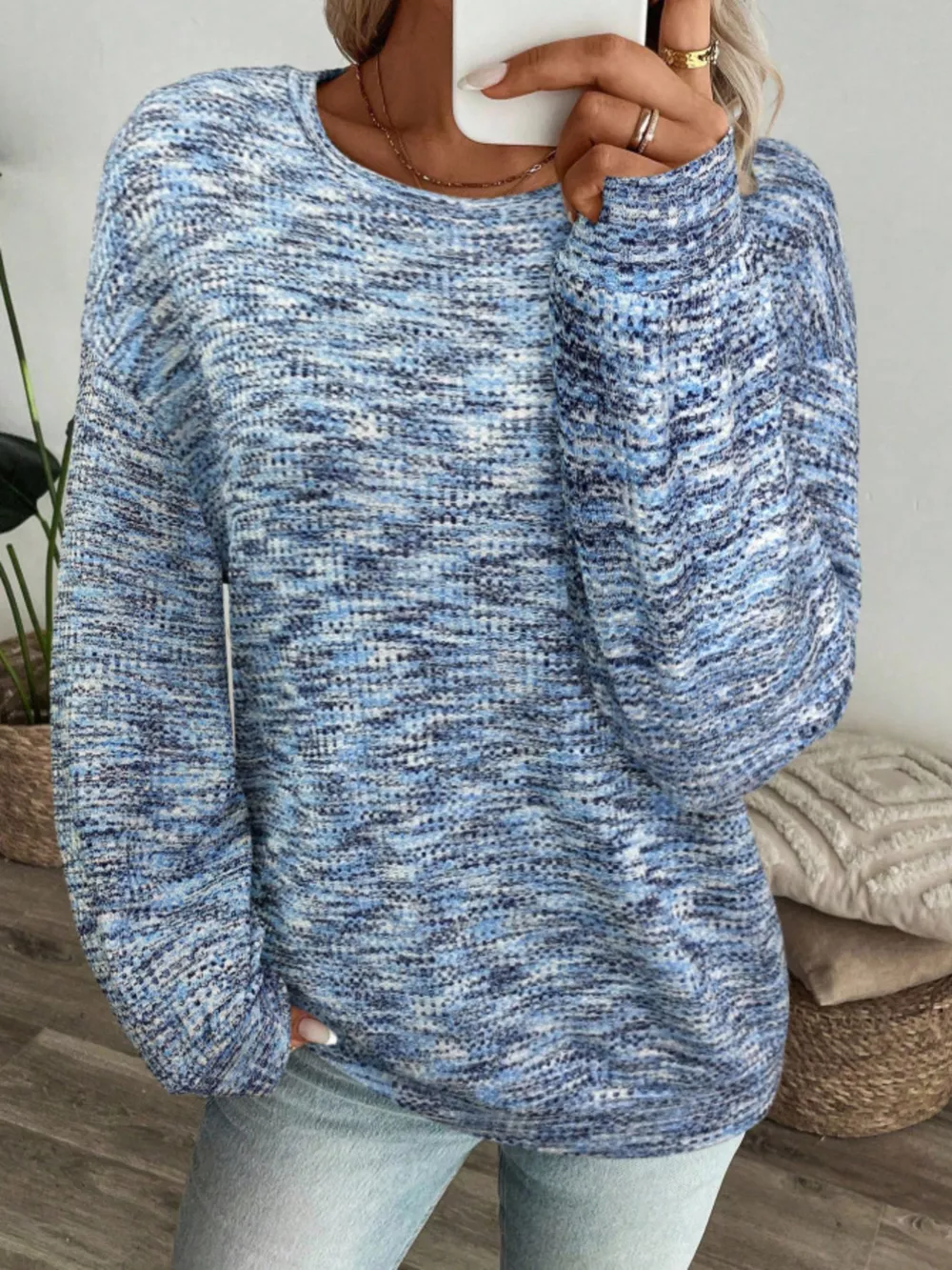 Space-Dyed Long Sleeve Waffle-Knit Top, image 5