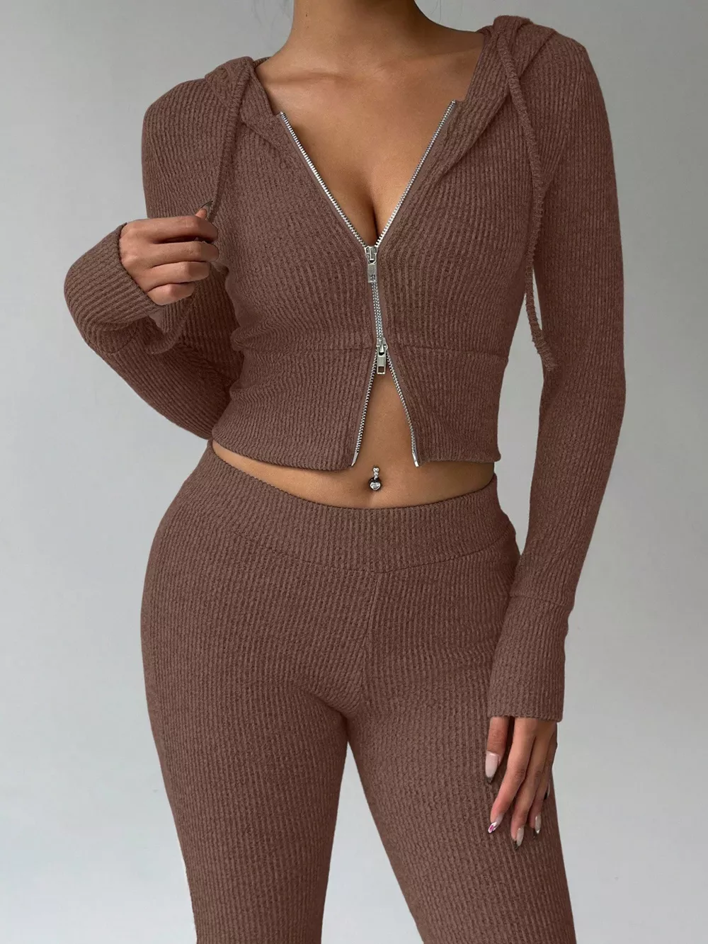 Ribbed Knit Zip-Up Hooded Top and Flared Pants Set, image 10