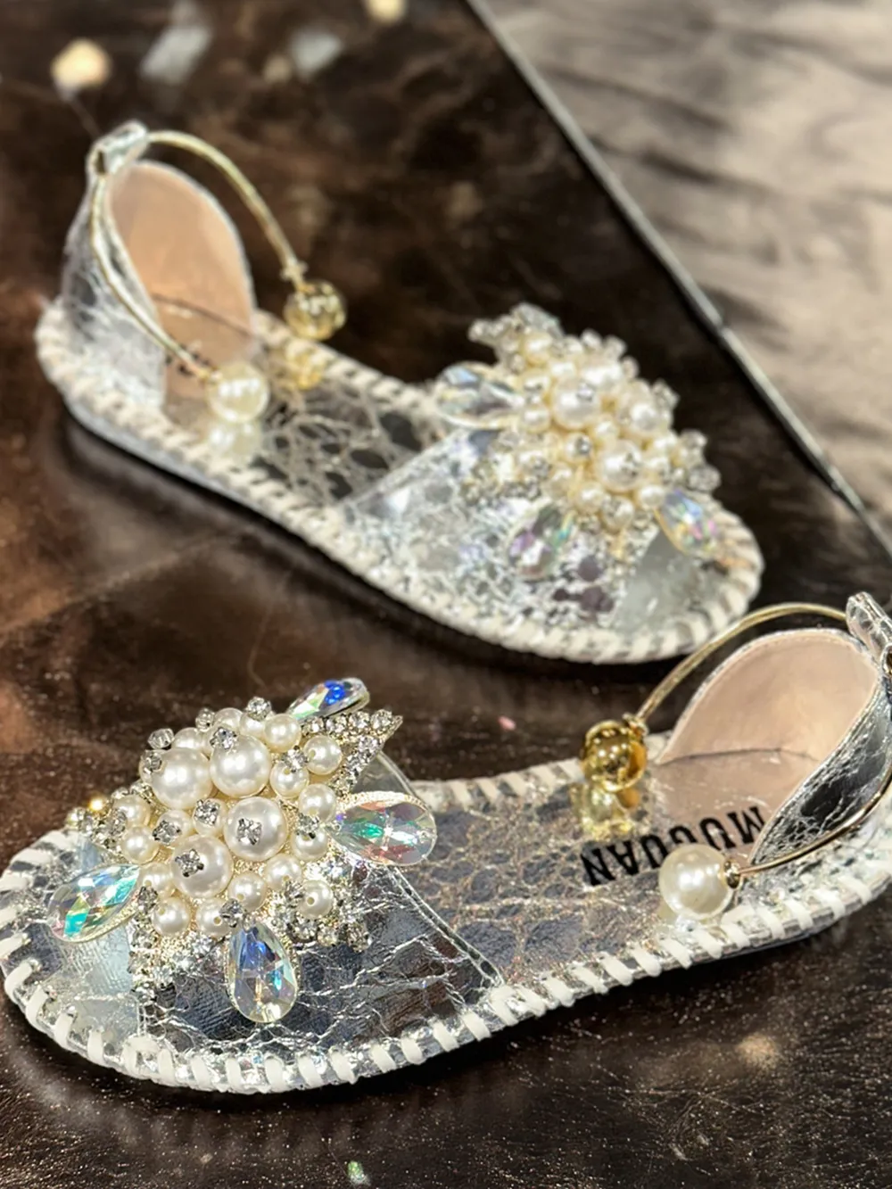 Pearl Crystal Embellished Flat Sandals, image 6