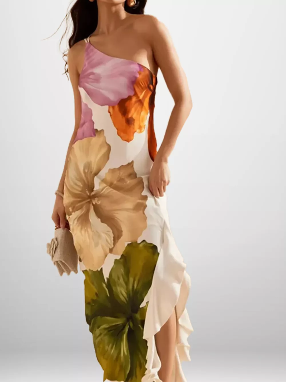 Full Size One-Shoulder Floral Print Satin Maxi Dress Plus Size, image 2