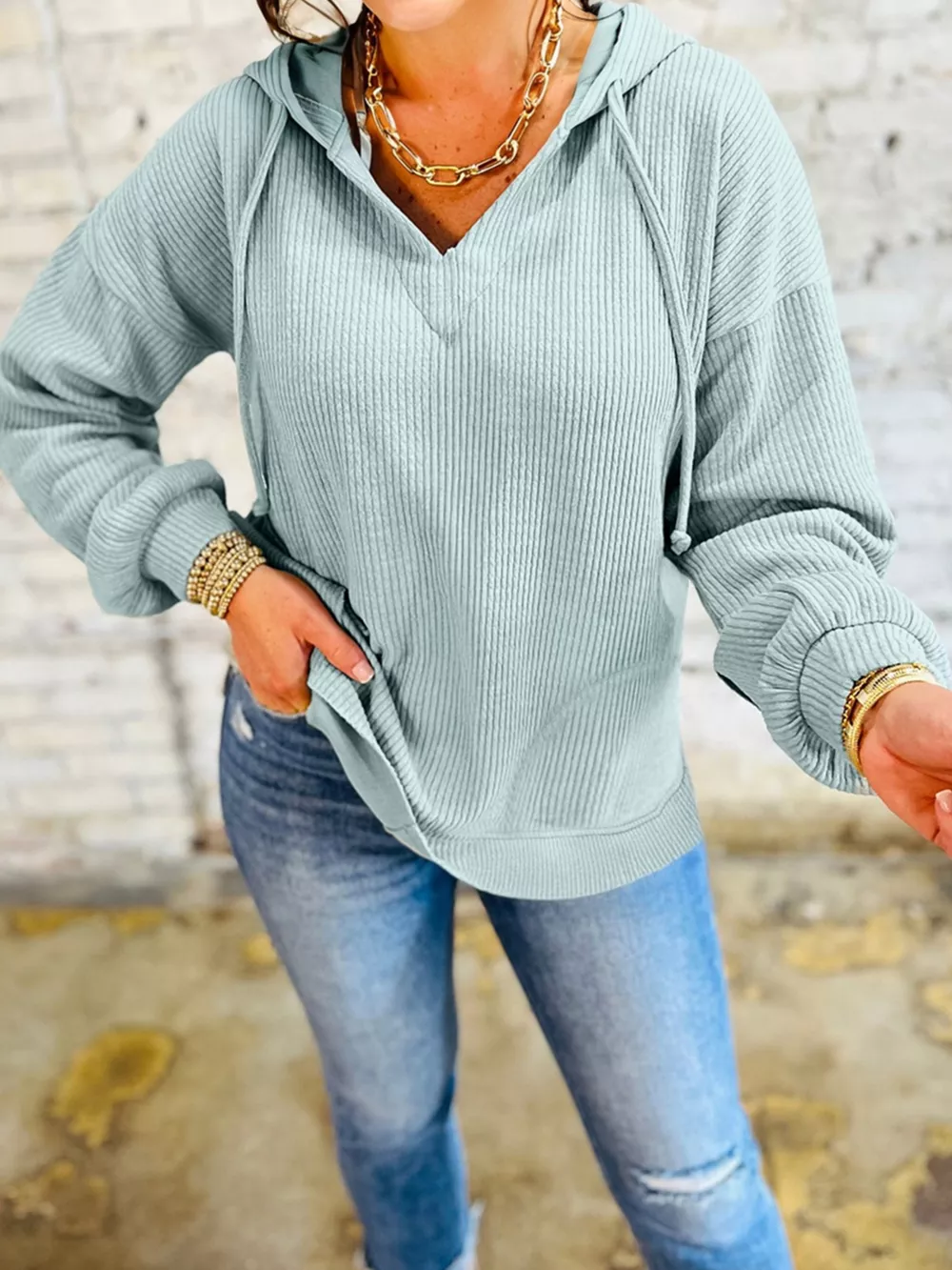 Ribbed Drop Shoulder Knit Hoodie