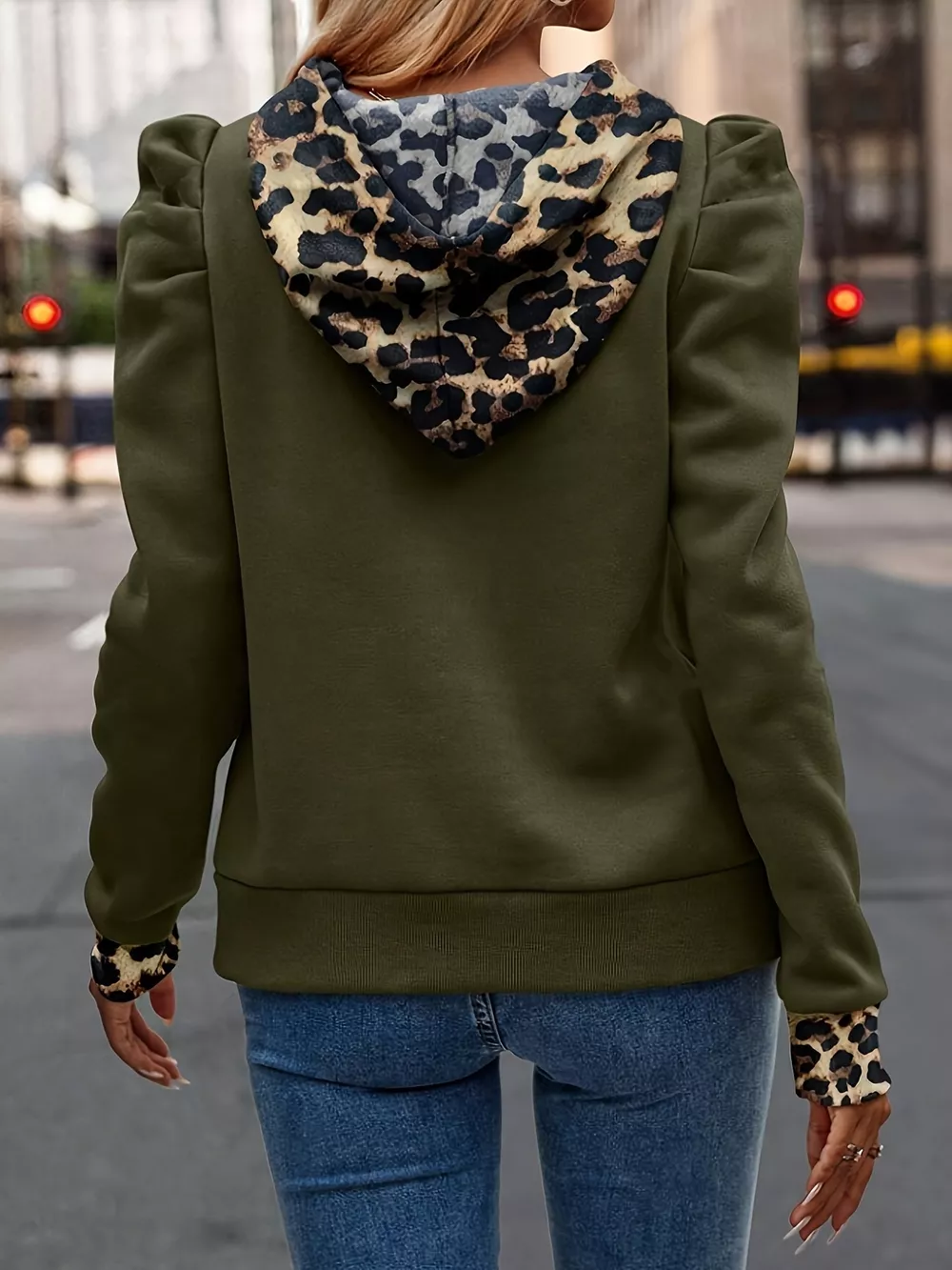 Drawstring Leopard Puff Sleeve Hoodie, image 3
