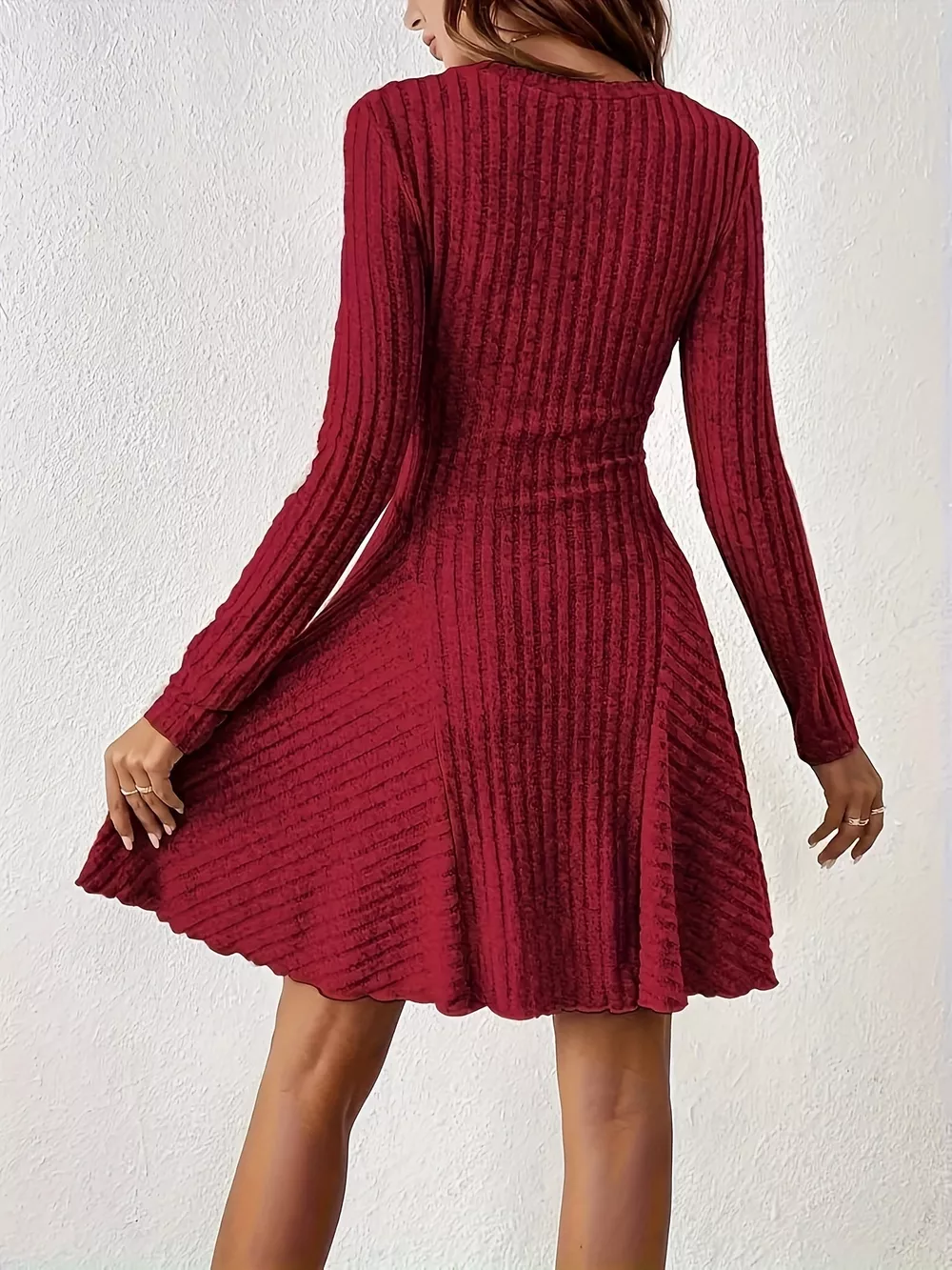V-Neck Ribbed Knit Flared Knit Dress, image 9